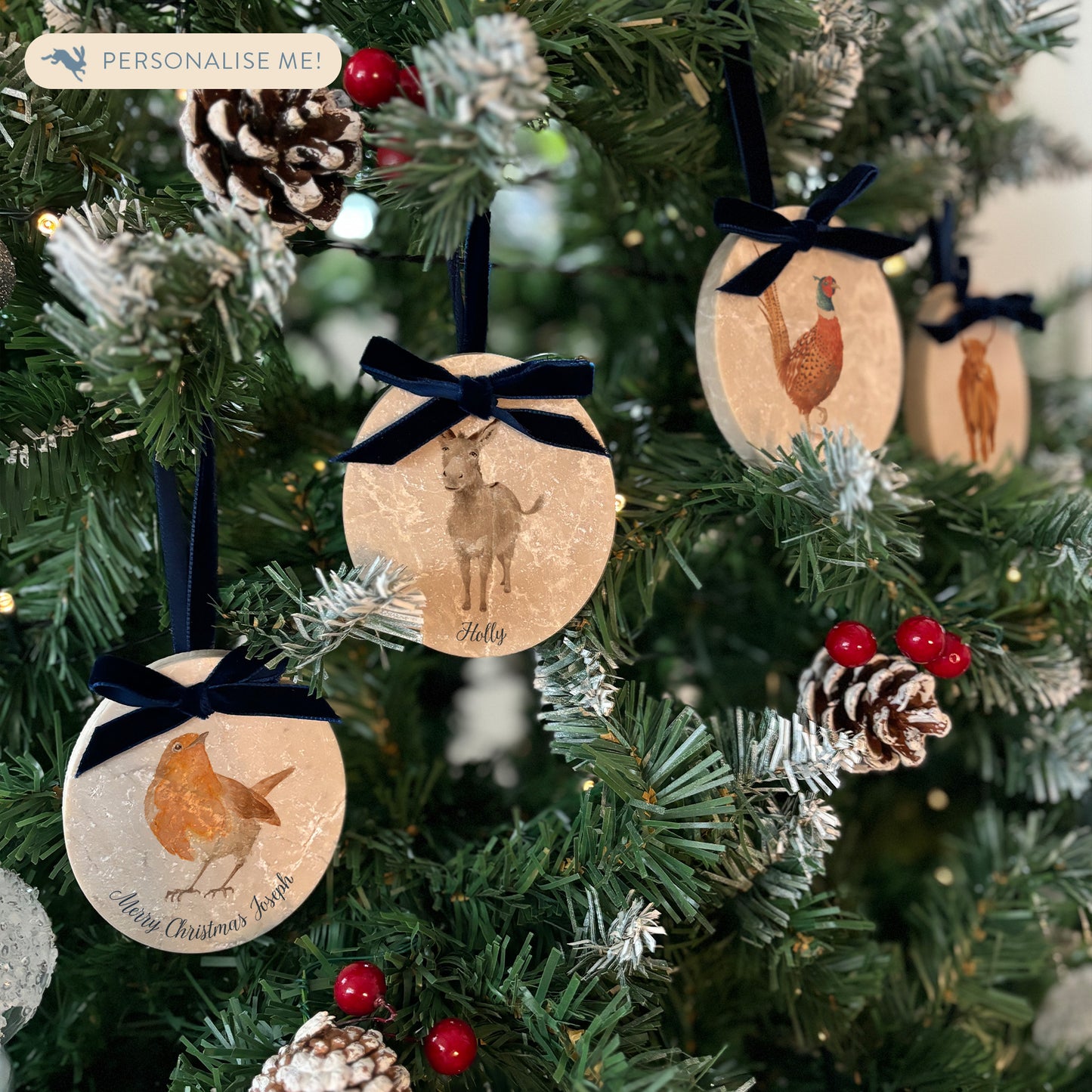 Handcrafted from marble, our oval-shaped bauble sets showcase beautiful watercolour artwork inspired by nature. Choose to add Christmas hats or not, and personalise each bauble with your own details. Finished with a velvet ribbon in various colours, they’re perfect for a bespoke holiday display.