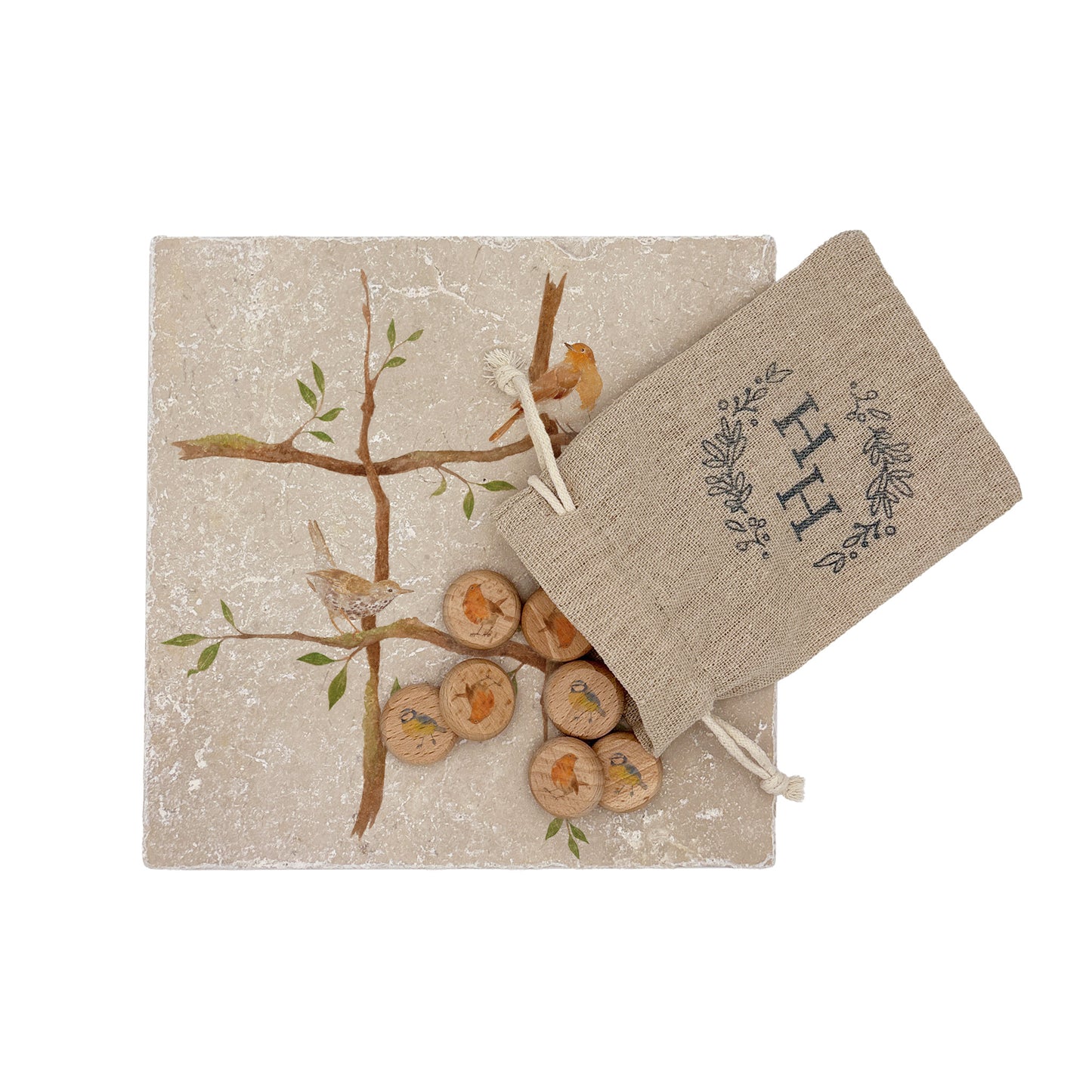 Handcrafted noughts and crosses game made from natural marble, designed to bring a touch of timeless charm to the home. Each piece is lovingly made by hand, A tactile marble noughts and crosses game featuring some of your favourite Garden Birds. lovingly handmade from natural stone — perfect for play, gifting, or simply enjoying as a timeless piece of home decor.
