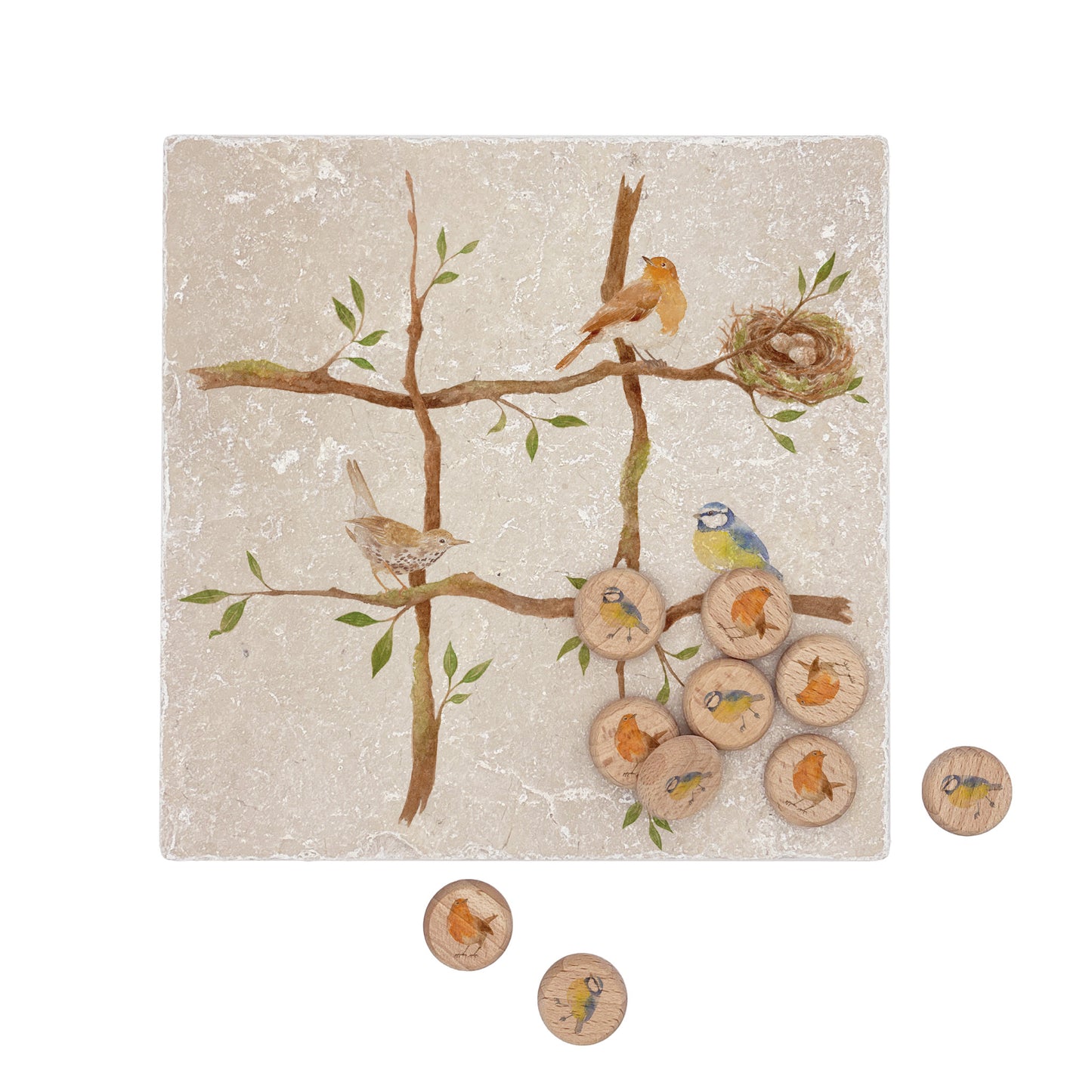 Handcrafted noughts and crosses game made from natural marble, designed to bring a touch of timeless charm to the home. Each piece is lovingly made by hand, A tactile marble noughts and crosses game featuring some of your favourite Garden Birds. lovingly handmade from natural stone — perfect for play, gifting, or simply enjoying as a timeless piece of home decor.