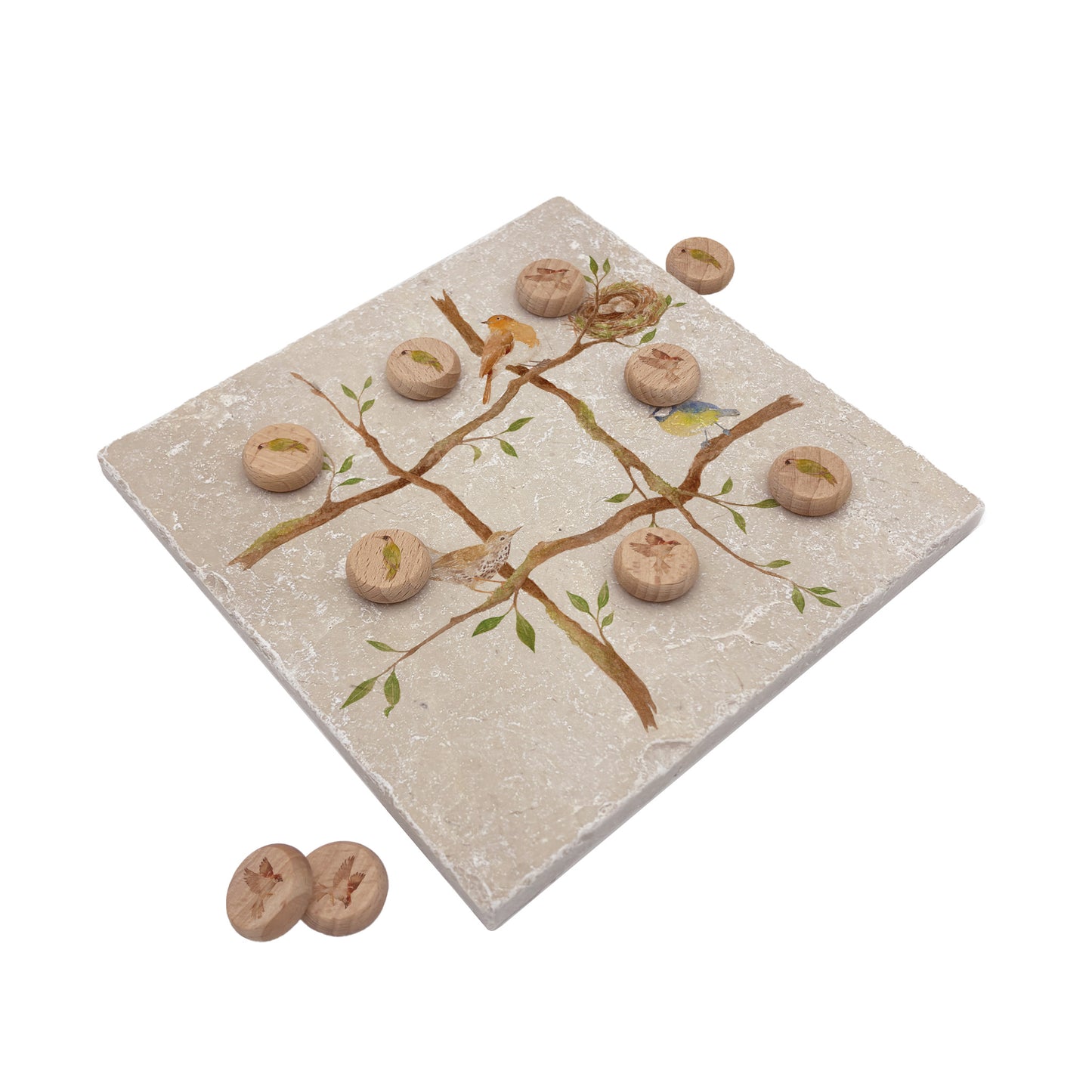Handcrafted noughts and crosses game made from natural marble, designed to bring a touch of timeless charm to the home. Each piece is lovingly made by hand, A tactile marble noughts and crosses game featuring some of your favourite Garden Birds. lovingly handmade from natural stone — perfect for play, gifting, or simply enjoying as a timeless piece of home decor.