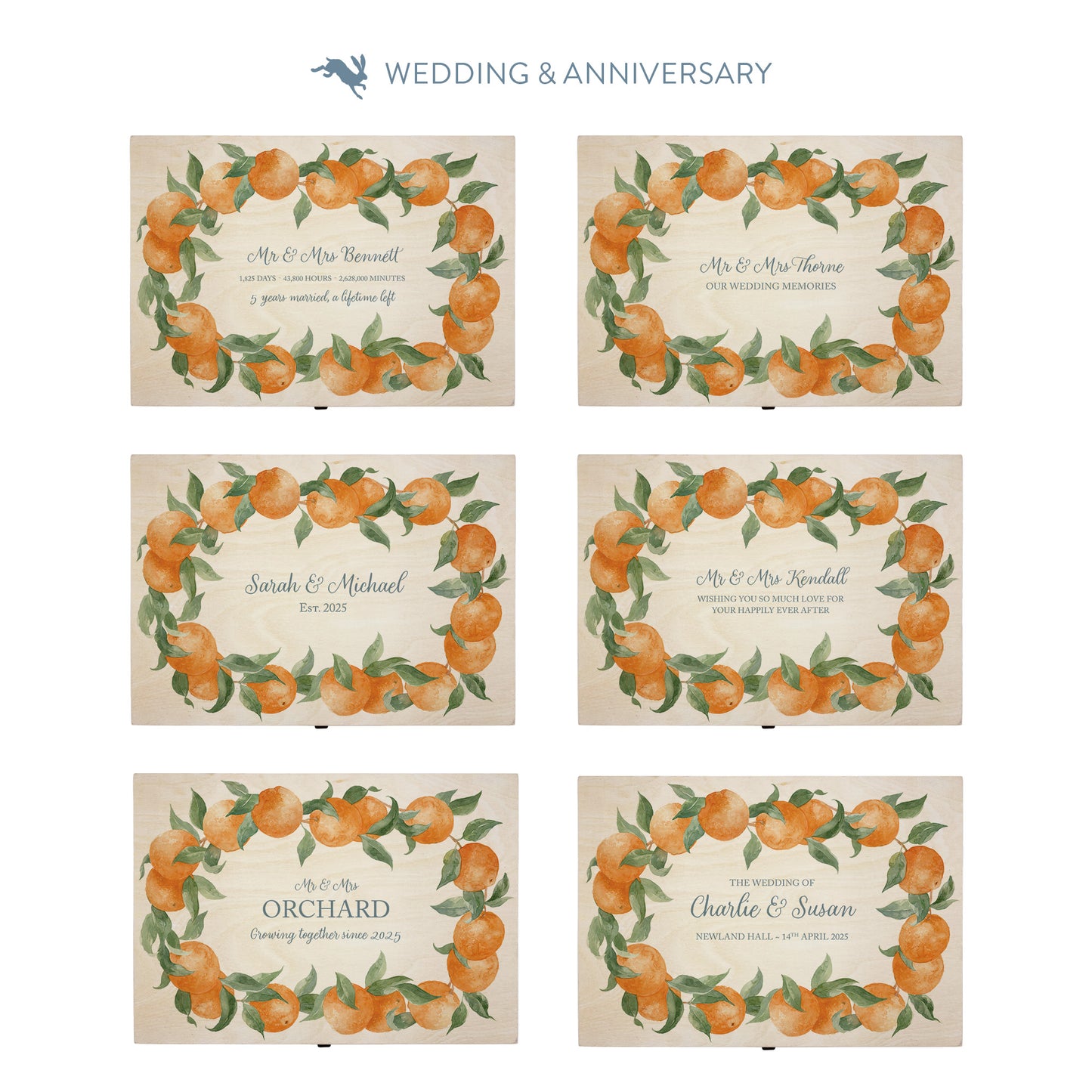 This shows our beautiful medium wooden & anniversary gift box with the various personalisation options you can choose to offer a truly customised present for a loved one. Couples names, Mr & Mrs, dates the options are endless.