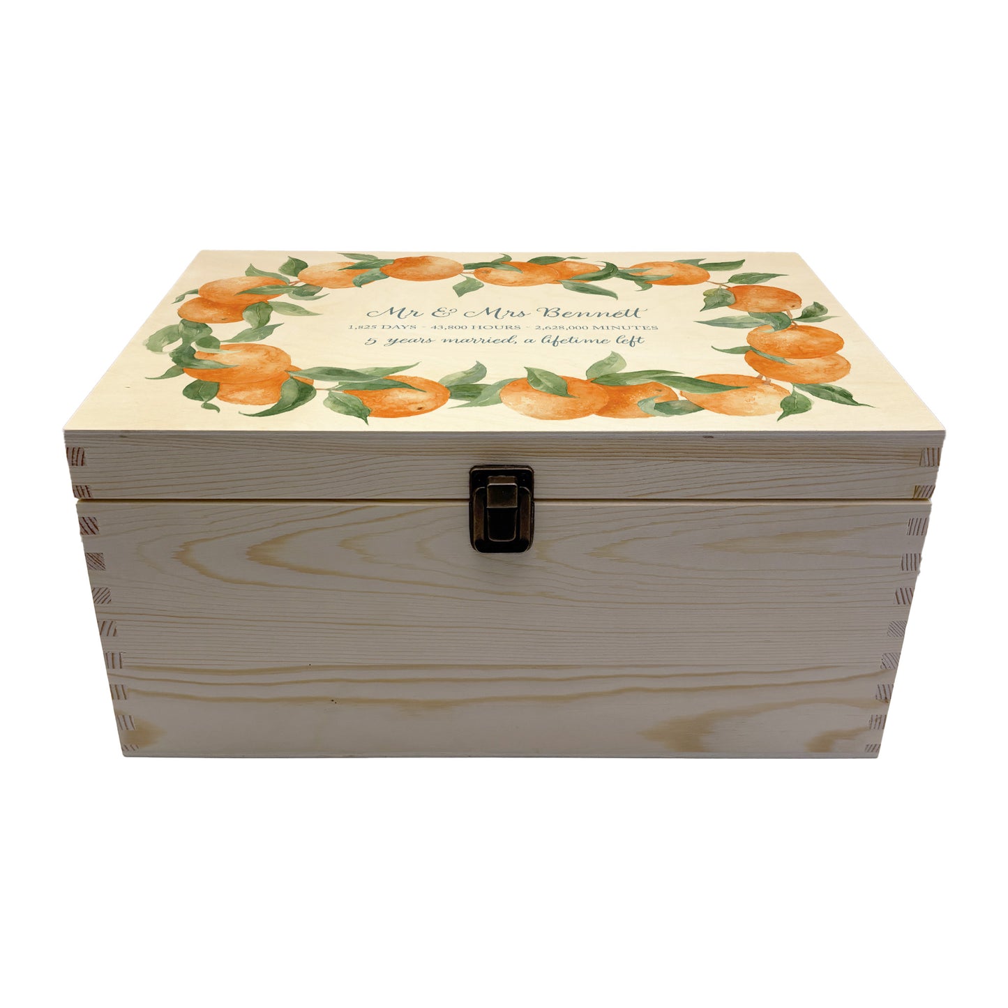 A beautiful Large Orange Wreath Charming wedding & Anniversary keepsake box with custom names and delicate watercolour fruit artwork on a smooth pine wood finish. The perfect unique personalised gift box.