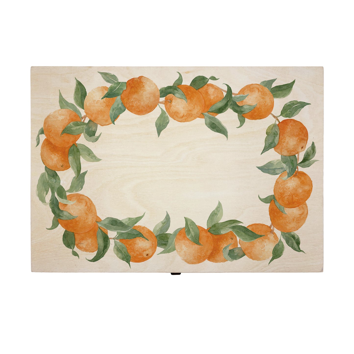 A beautiful Large Orange Wreath Charming wedding & Anniversary keepsake box with custom names and delicate watercolour fruit artwork on a smooth pine wood finish. The perfect unique personalised gift box.