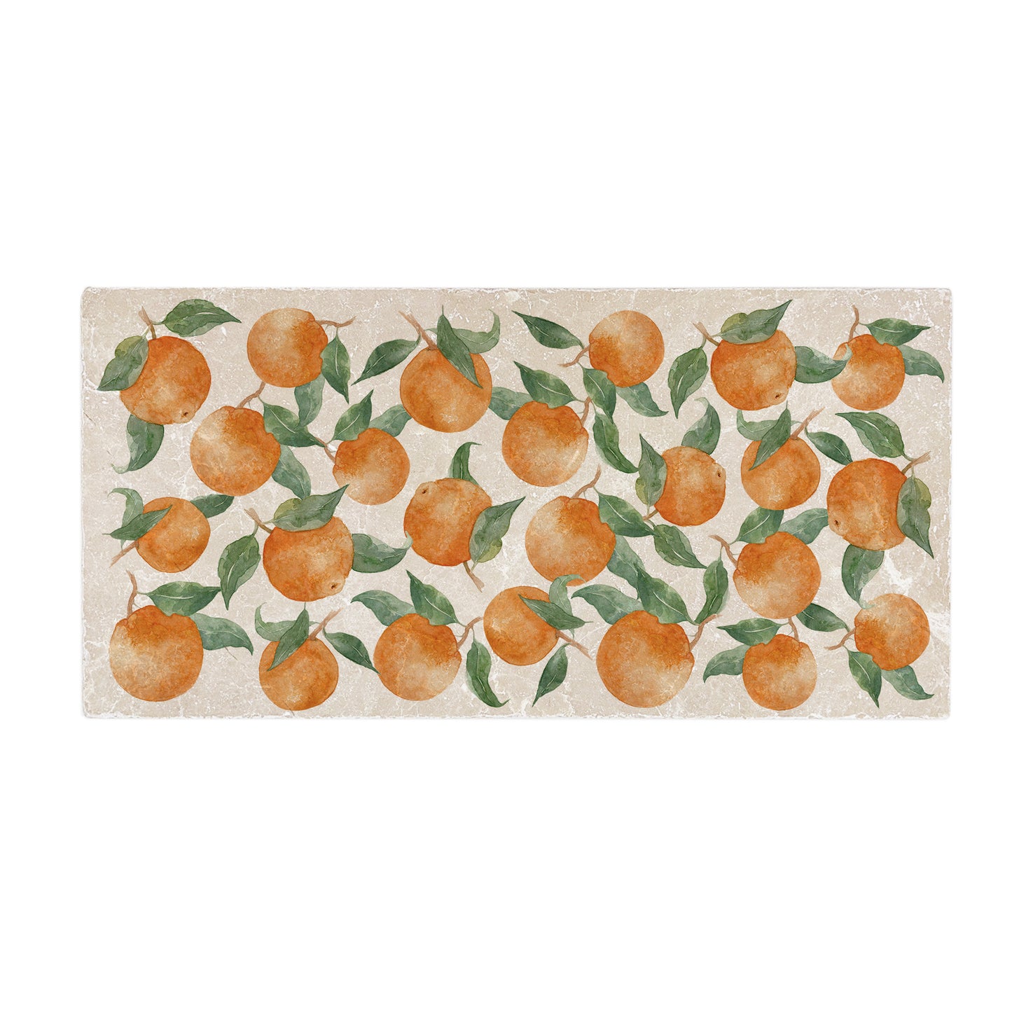 A handmade cream marble 20x40cm wall tile with a maximalist watercolour orange and leaf pattern.