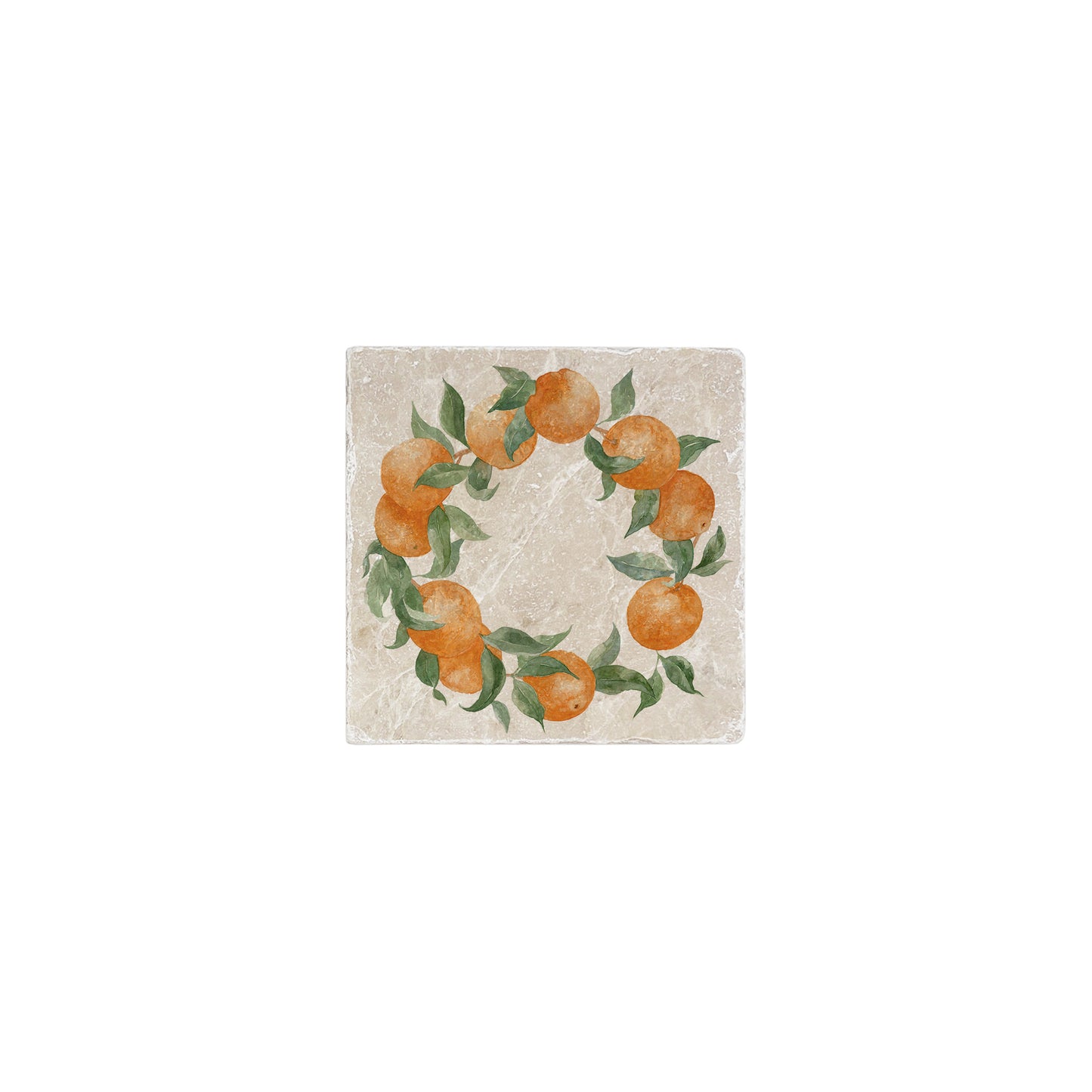 A square marble coaster featuring a watercolour fruit design that can be added to a mix and match set.