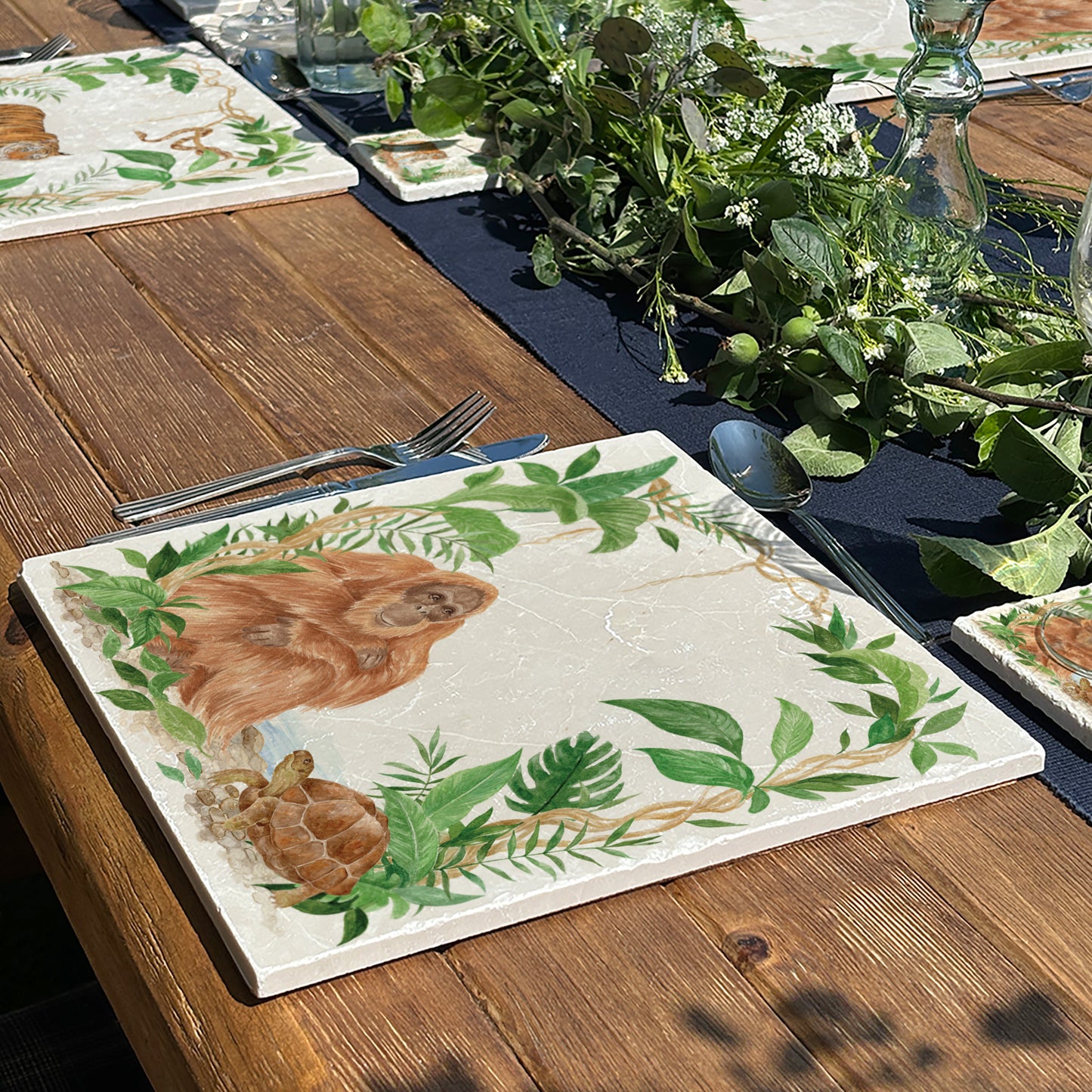 Welcoming our Rainforest Design, surrounded by the rainforest leaves and vines. Our Orangutan and Tortoise sitting a quiet corner of the rainforest. Illustrated in our original watercolour designs on Large Serving Platter.
