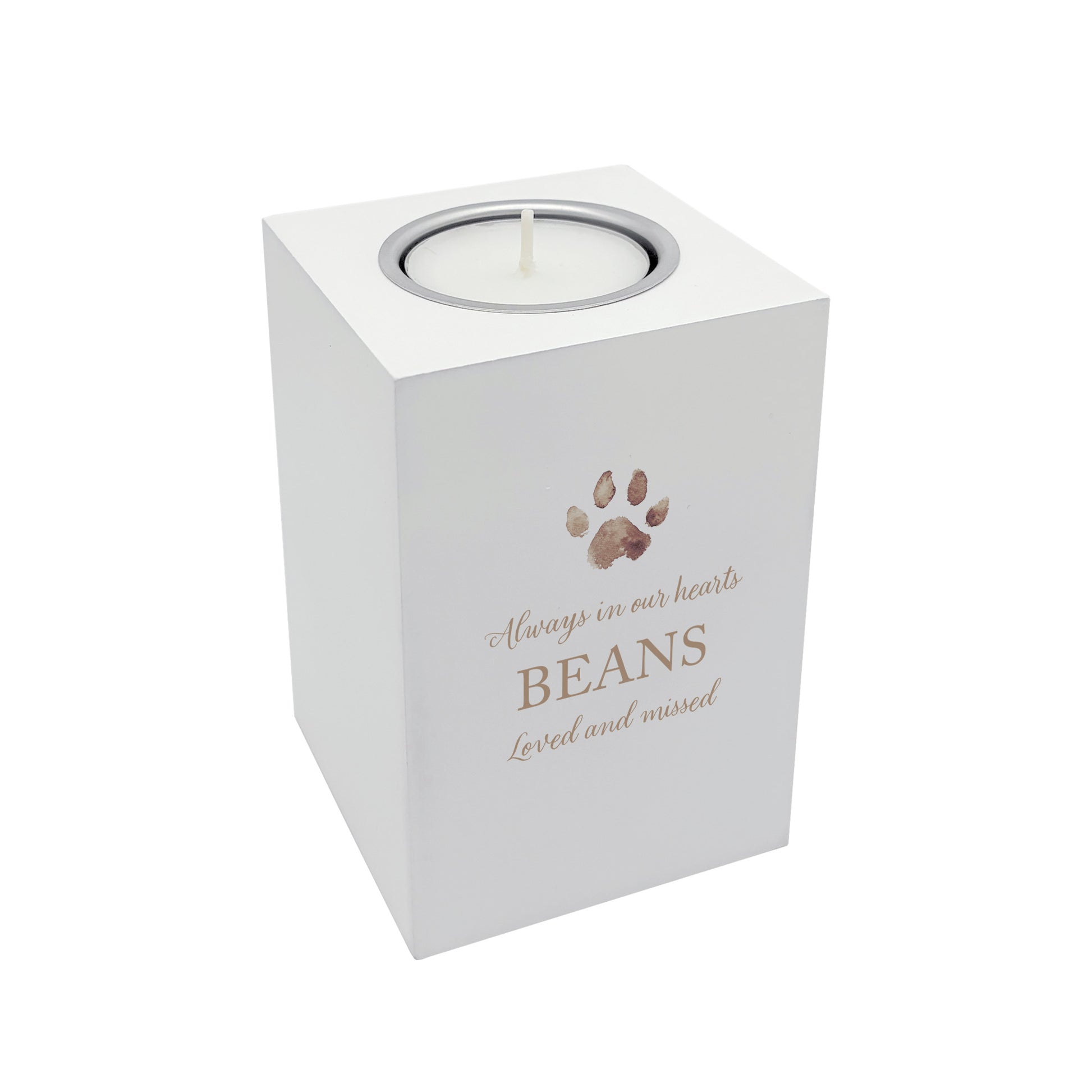 A beautifully crafted solid wooden tealight holder finished in white with a soft watercolour design of your cat or dogs paw print, personalised tealight holder can be customised to create a meaningful memorial.