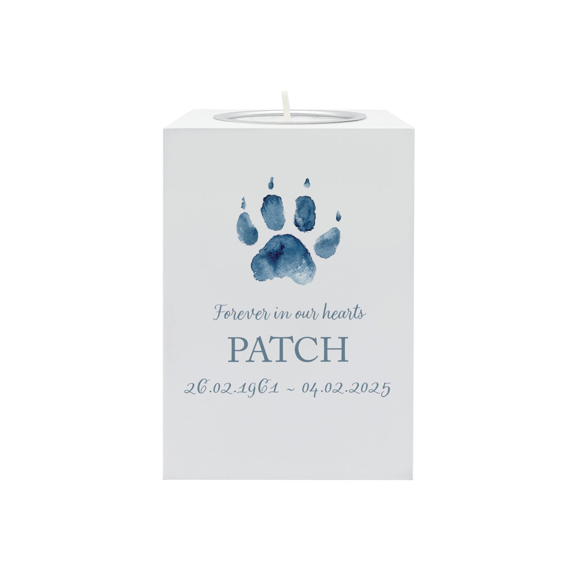A beautifully crafted solid wooden tealight holder finished in white with a soft watercolour design of your cat or dogs paw print, personalised tealight holder can be customised to create a meaningful memorial.
