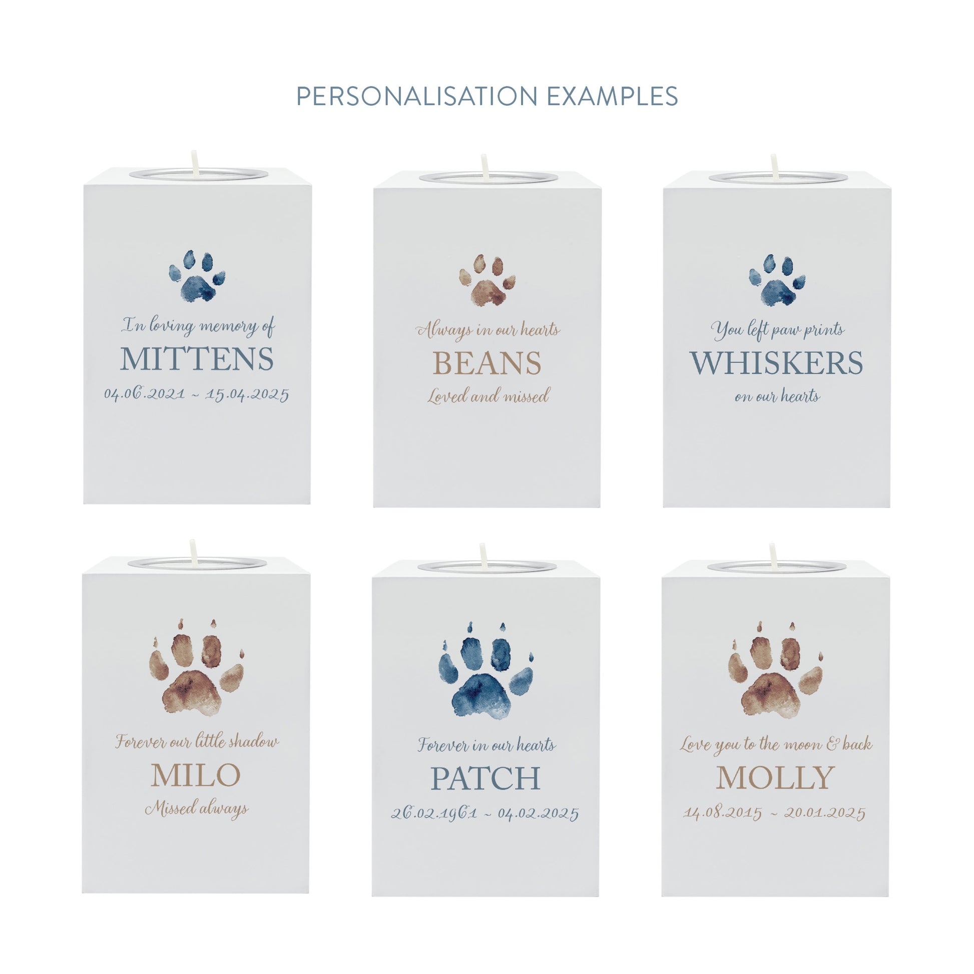 A beautifully crafted solid wooden tealight holder finished in white with a soft watercolour design of your cat or dogs paw print, personalised tealight holder can be customised to create a meaningful memorial.