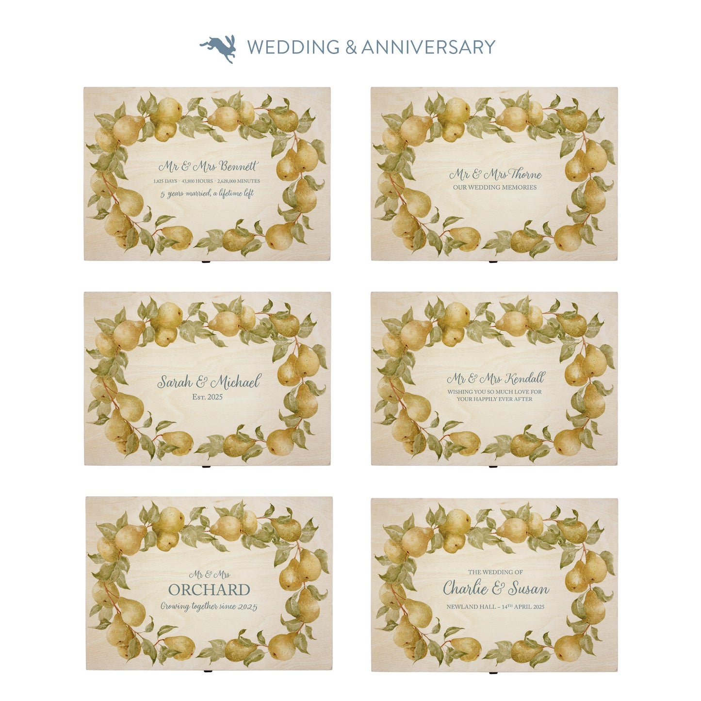 This shows our beautiful medium wooden & anniversary gift box with the various personalisation options you can choose to offer a truly customised present for a loved one. Couples names, Mr & Mrs, dates the options are endless.