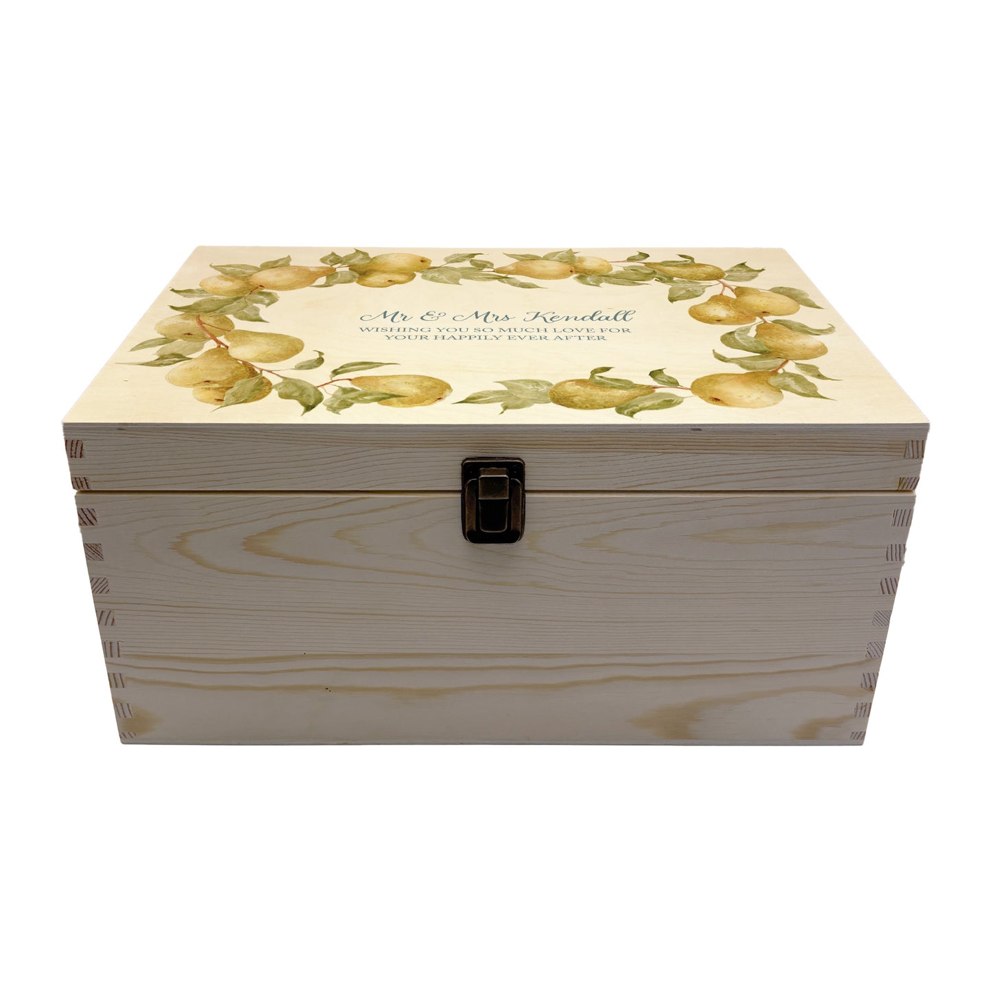 Large Pear wreath Personalised wedding keepsake box with vibrant watercolour fruit design, featuring the couple’s names and wedding date on natural pine wood. This box can be customised and is a truly unique wedding & Anniversary gift.
