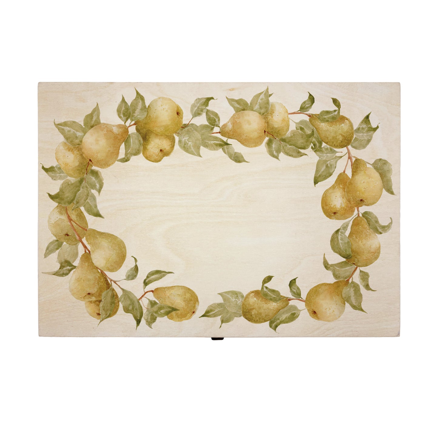 Large Pear wreath Personalised wedding keepsake box with vibrant watercolour fruit design, featuring the couple’s names and wedding date on natural pine wood. This box can be customised and is a truly unique wedding & Anniversary gift.