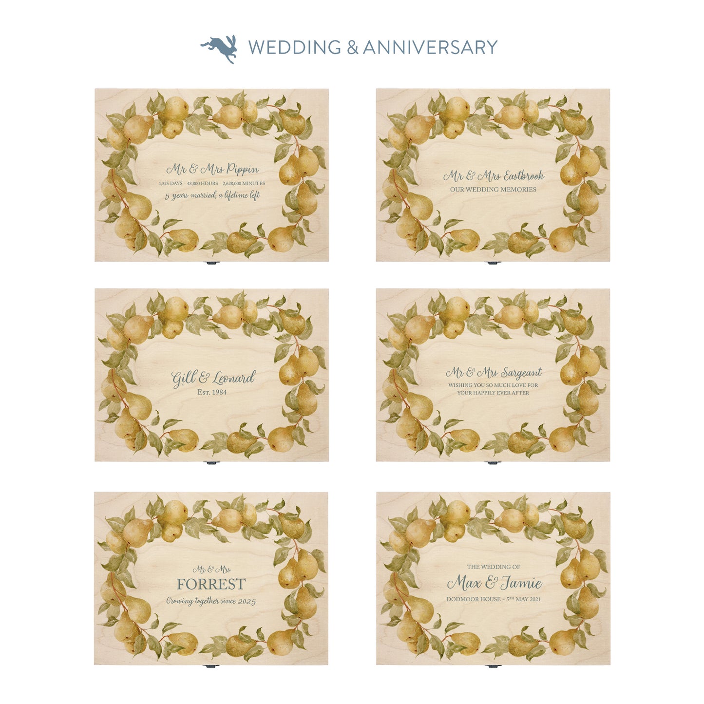 This shows our beautiful medium wooden & anniversary gift box with the various personalisation options you can choose to offer a truly customised present for a loved one. Couples names, Mr & Mrs, dates the options are endless.