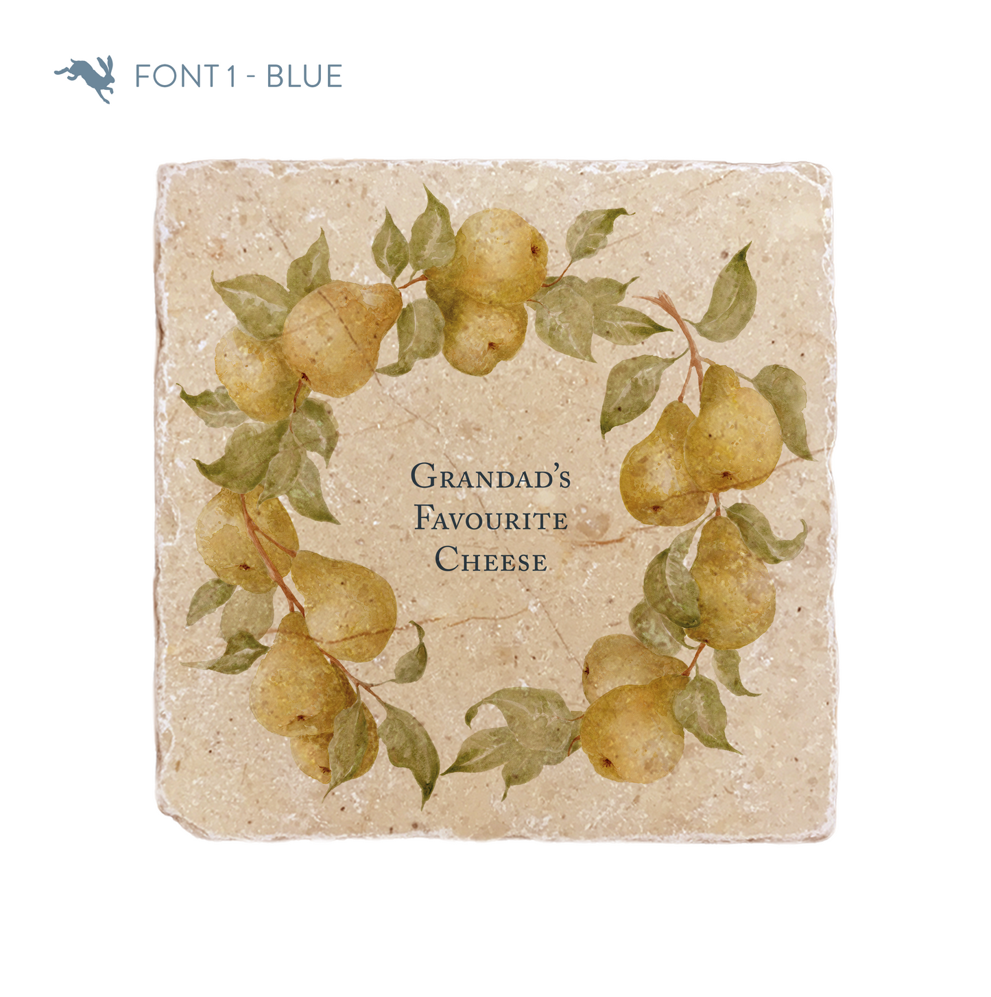 A medium marble platter featuring a wreath of watercolour pears and leaves, personalised with a bespoke phrase in the centre of the platter in a blue font.