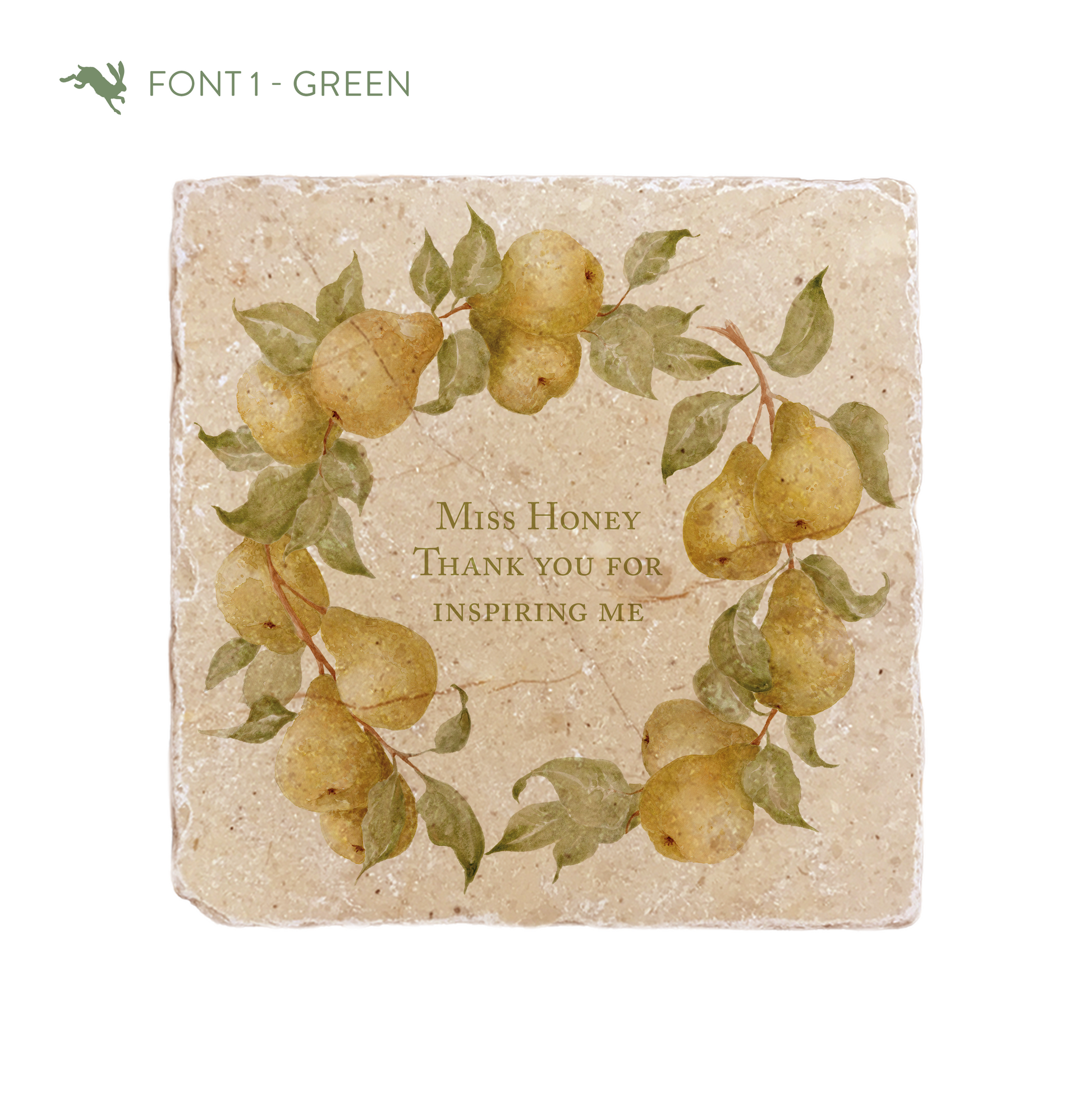 A medium marble platter featuring a wreath of watercolour pears and leaves, personalised with a thank you teacher message in the centre of the platter in a green font.