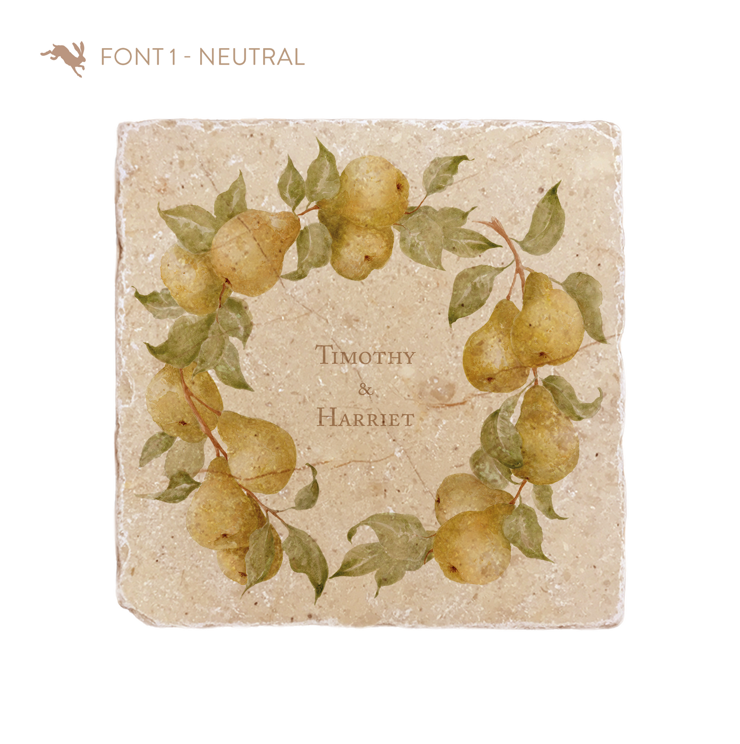A medium marble platter featuring a wreath of watercolour pears and leaves, personalised with custom names in the centre of the platter in a neutral font.