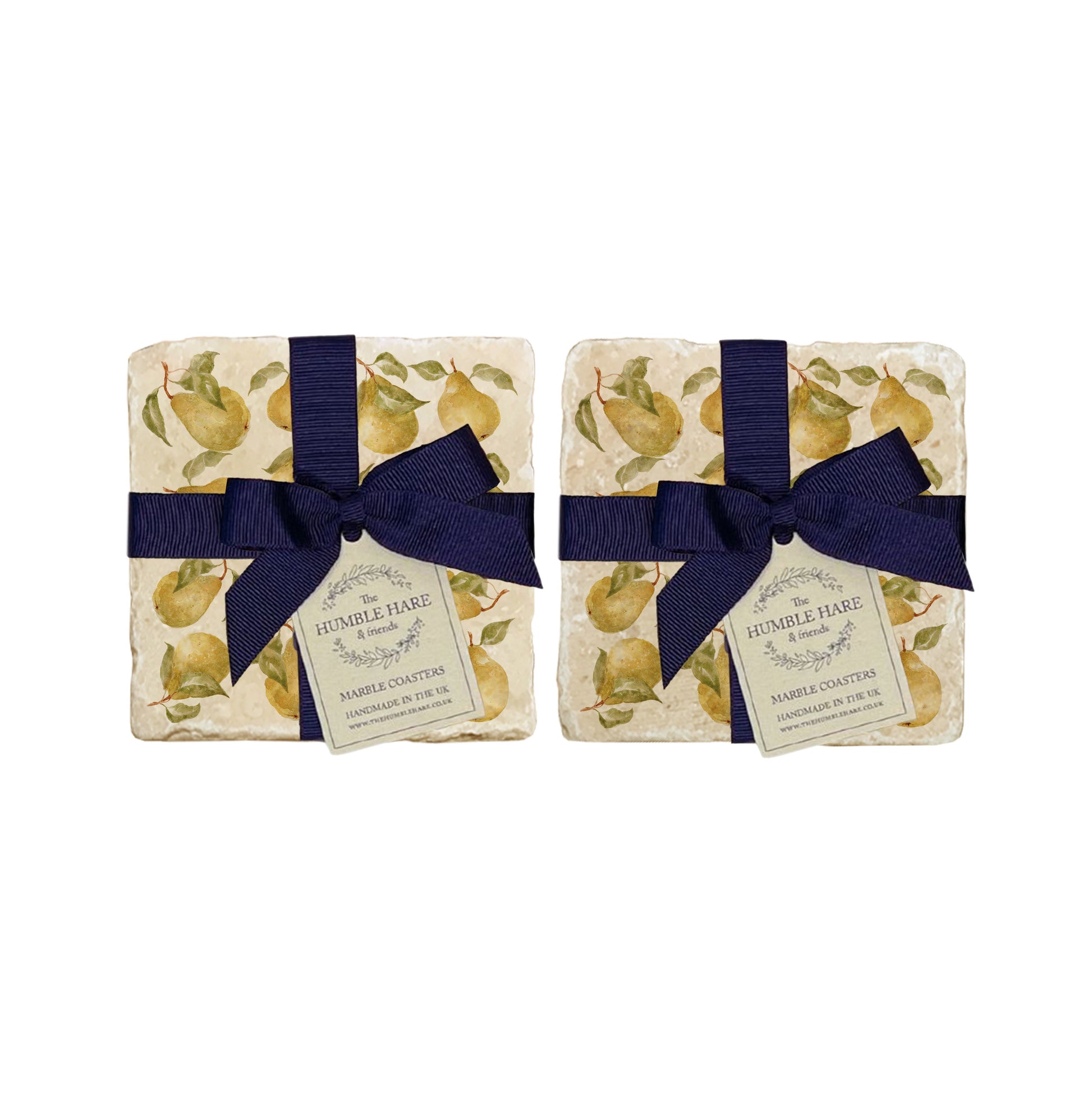 A set of 4 handmade marble coasters featuring a watercolour pear pattern, packaged in 2 pairs, with a luxurious blue bow and gift tag.