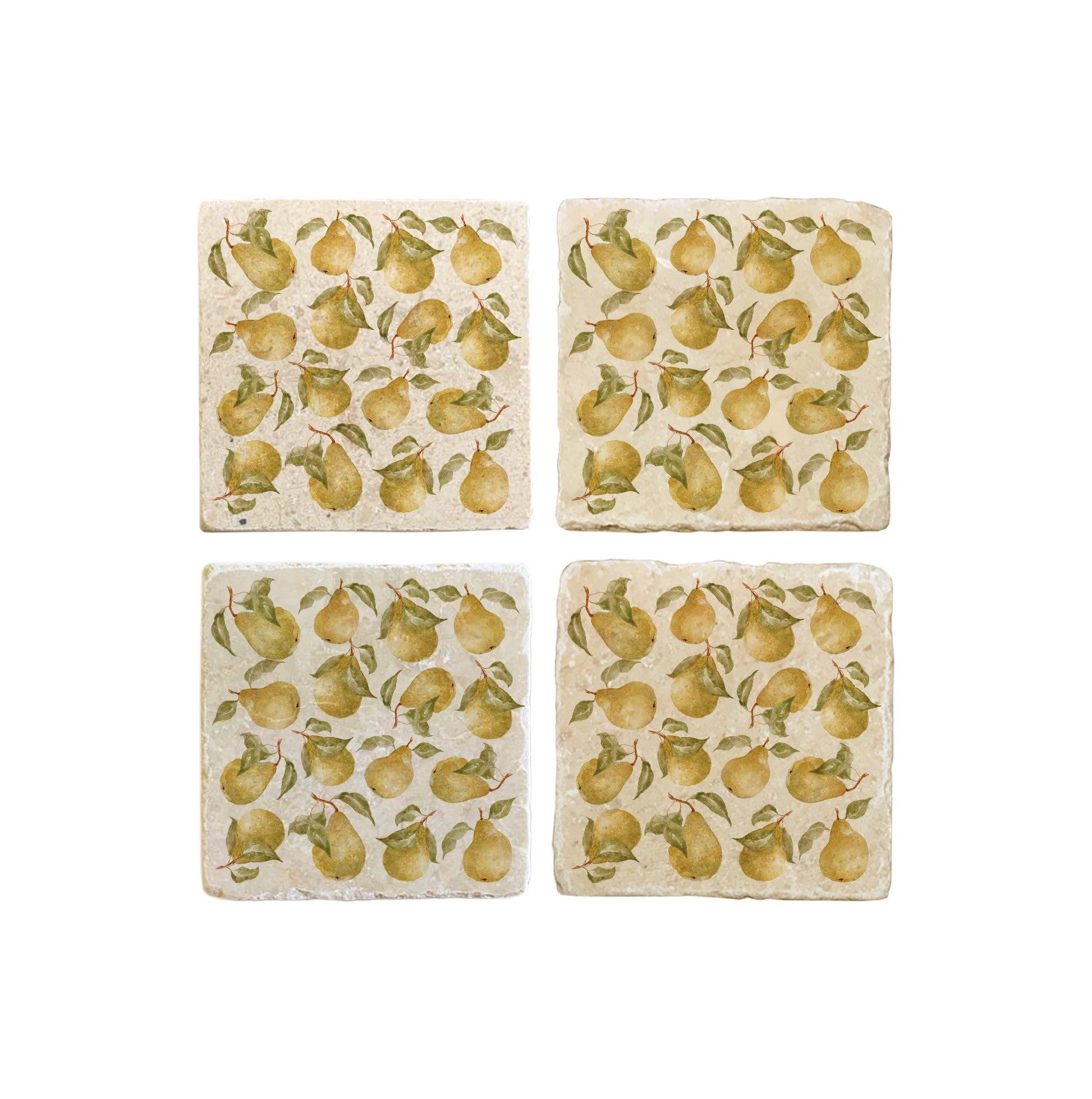 A set of 4 square marble coasters, featuring a maximalist watercolour pattern of golden pears.