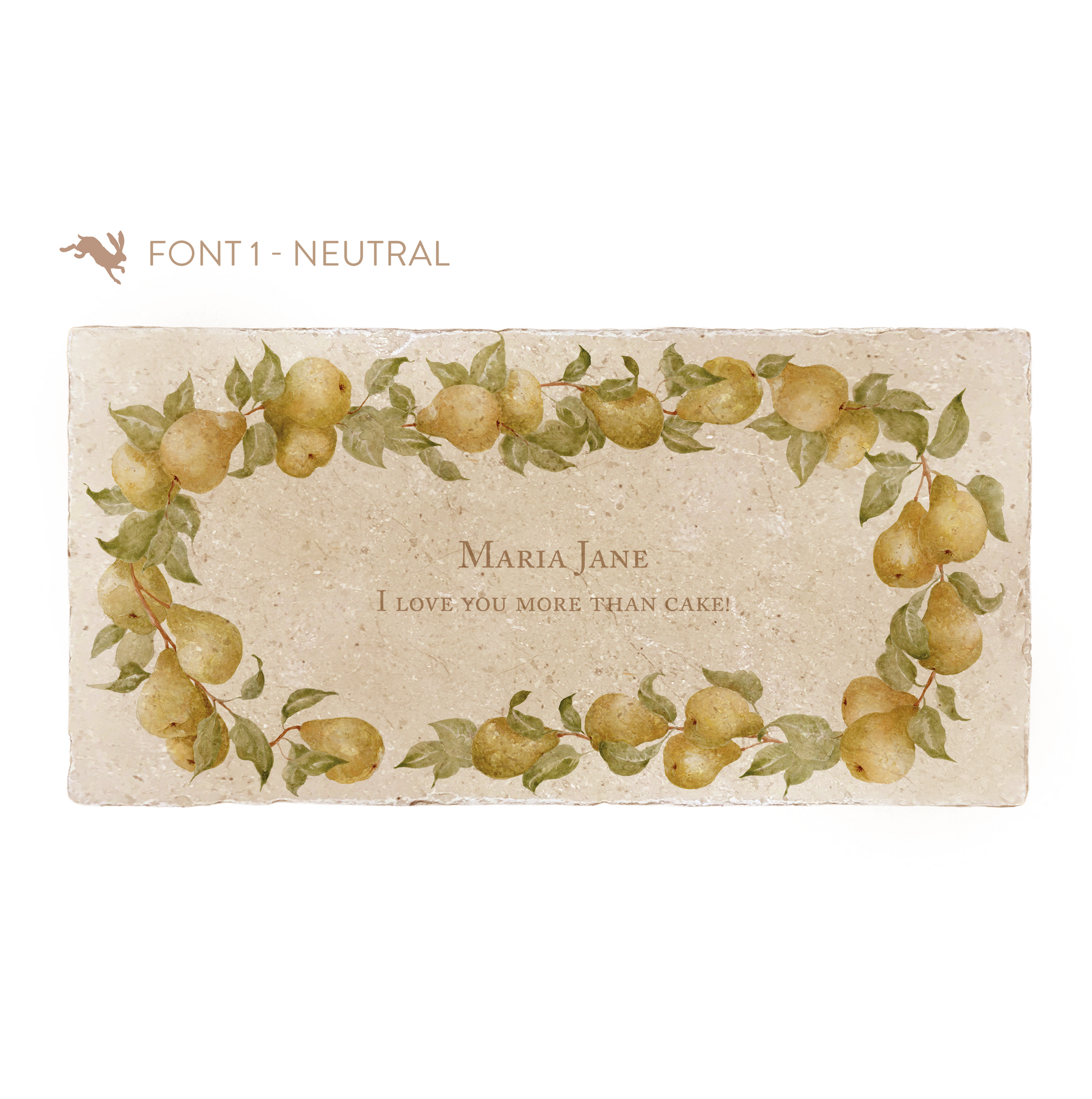A marble sharing platter featuring a wreath of pears and leaves, personalised with a custom name and ‘I Love You More Than Cake’ in the centre of the platter in a neutral font.