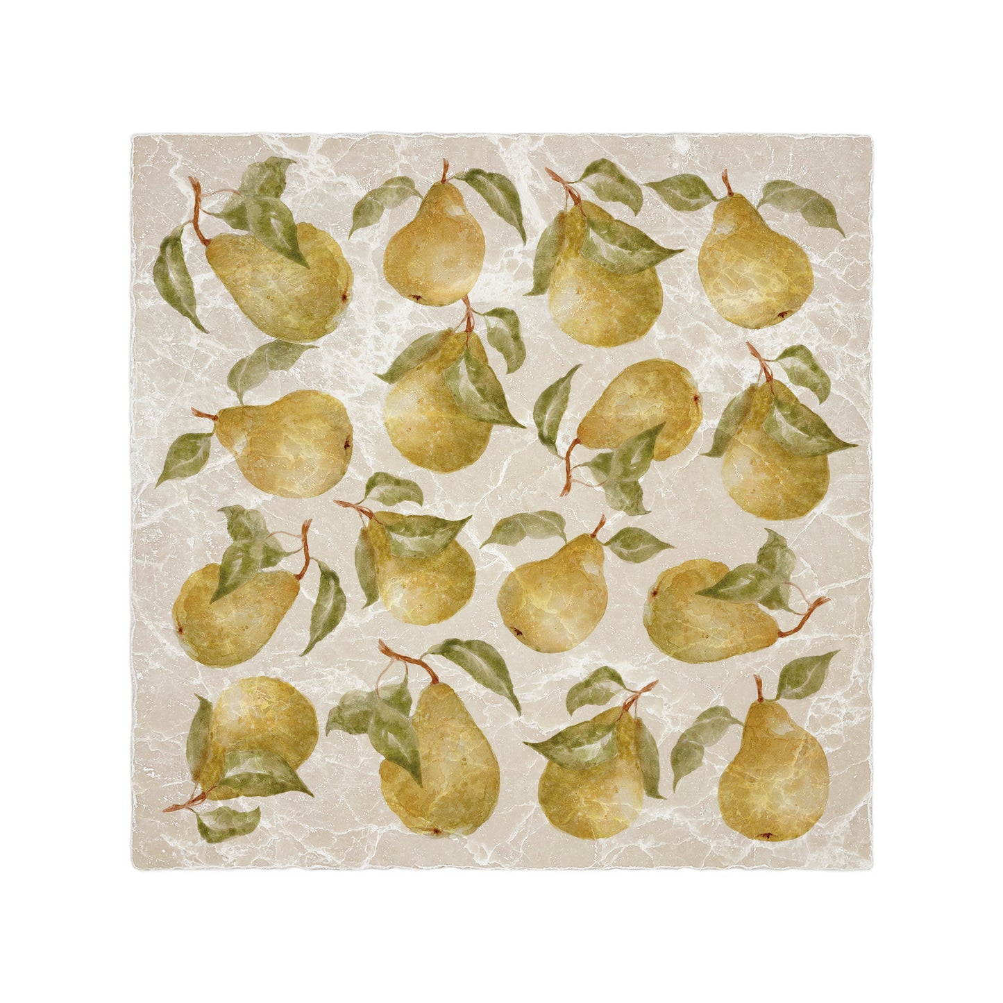 A handmade cream marble 30.5x30.5cm wall tile with a maximalist watercolour pear pattern.