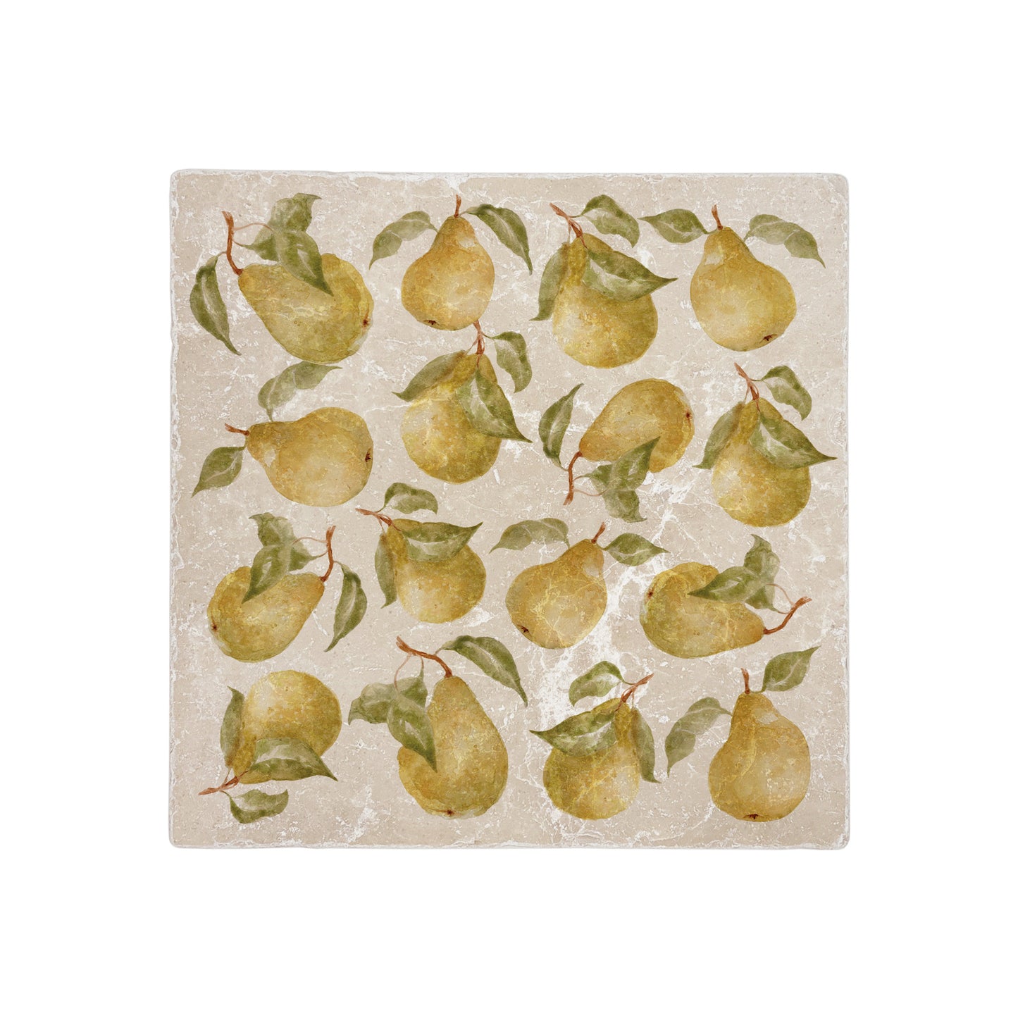 A handmade cream marble 20x20cm wall tile with a maximalist watercolour pear pattern.