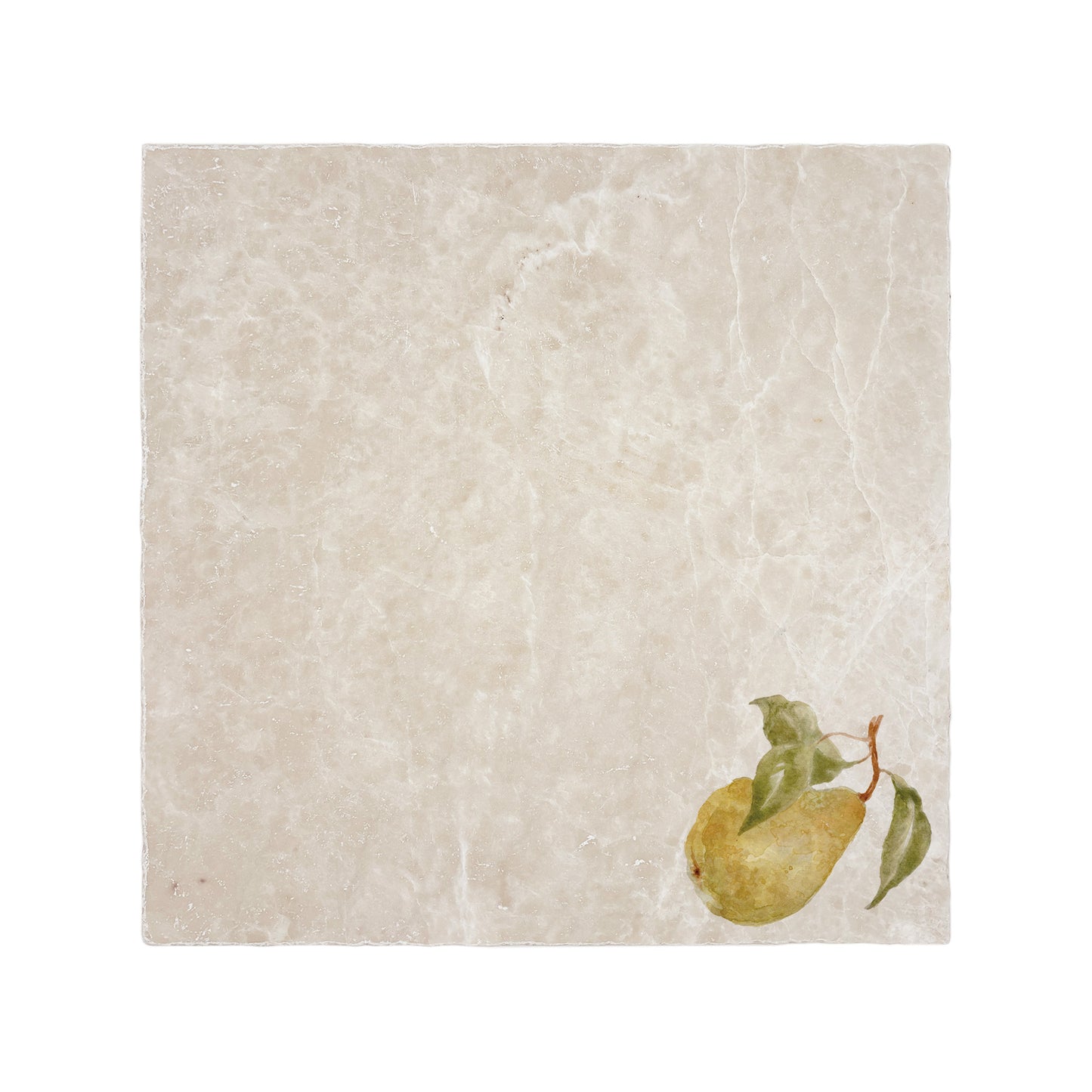 A cream marble 30.5x30.5cm wall tile with a minimalistic watercolour pear design.