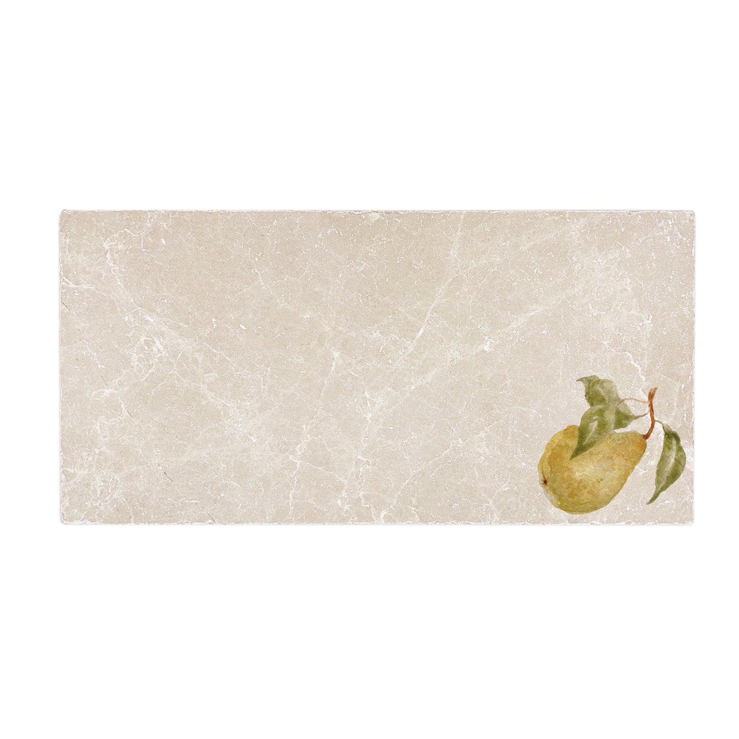 A cream marble 20x40cm wall tile with a minimalistic watercolour pear design.