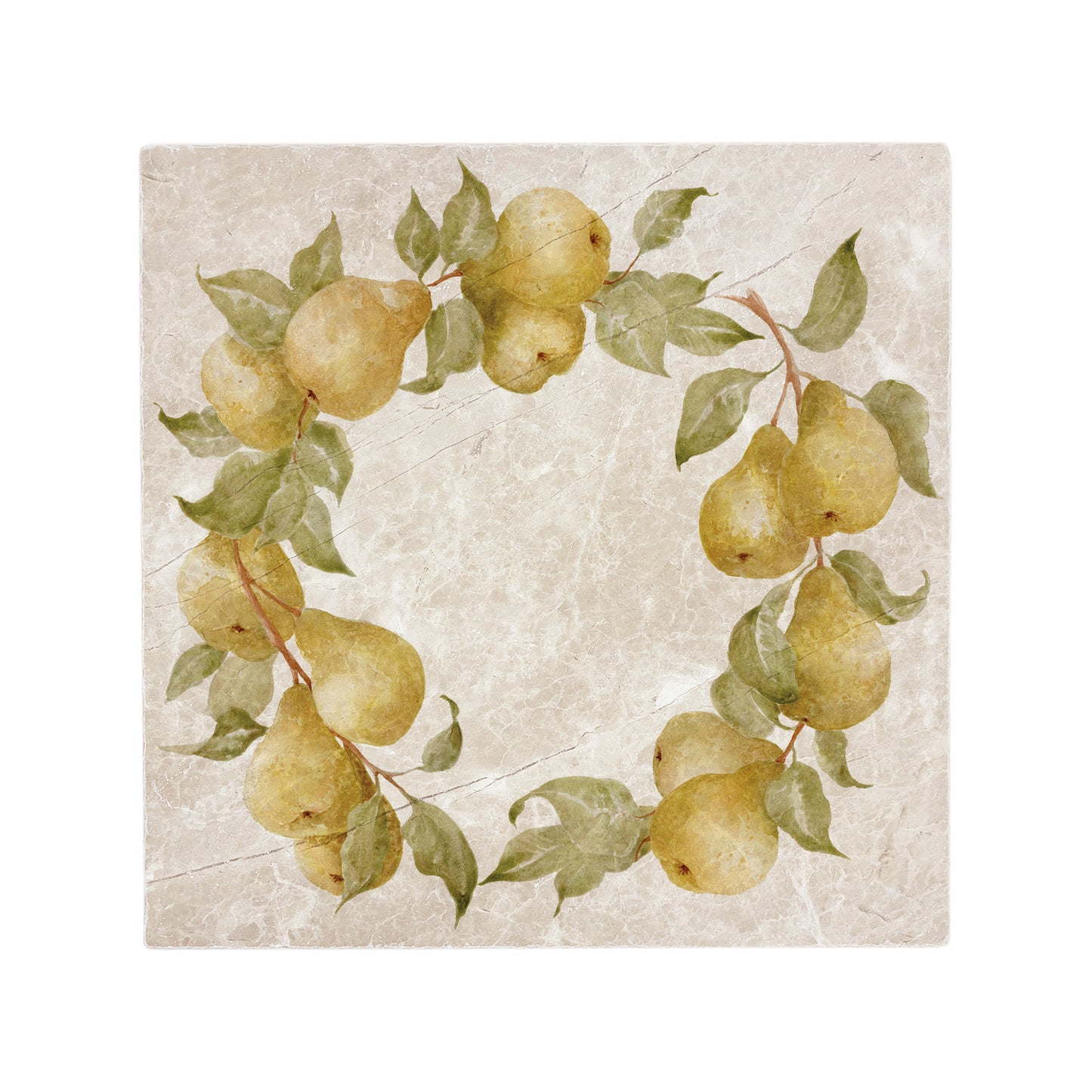 A 30.5x30.5cm cream marble tile with a watercolour design featuring a wreath of pears and leaves.