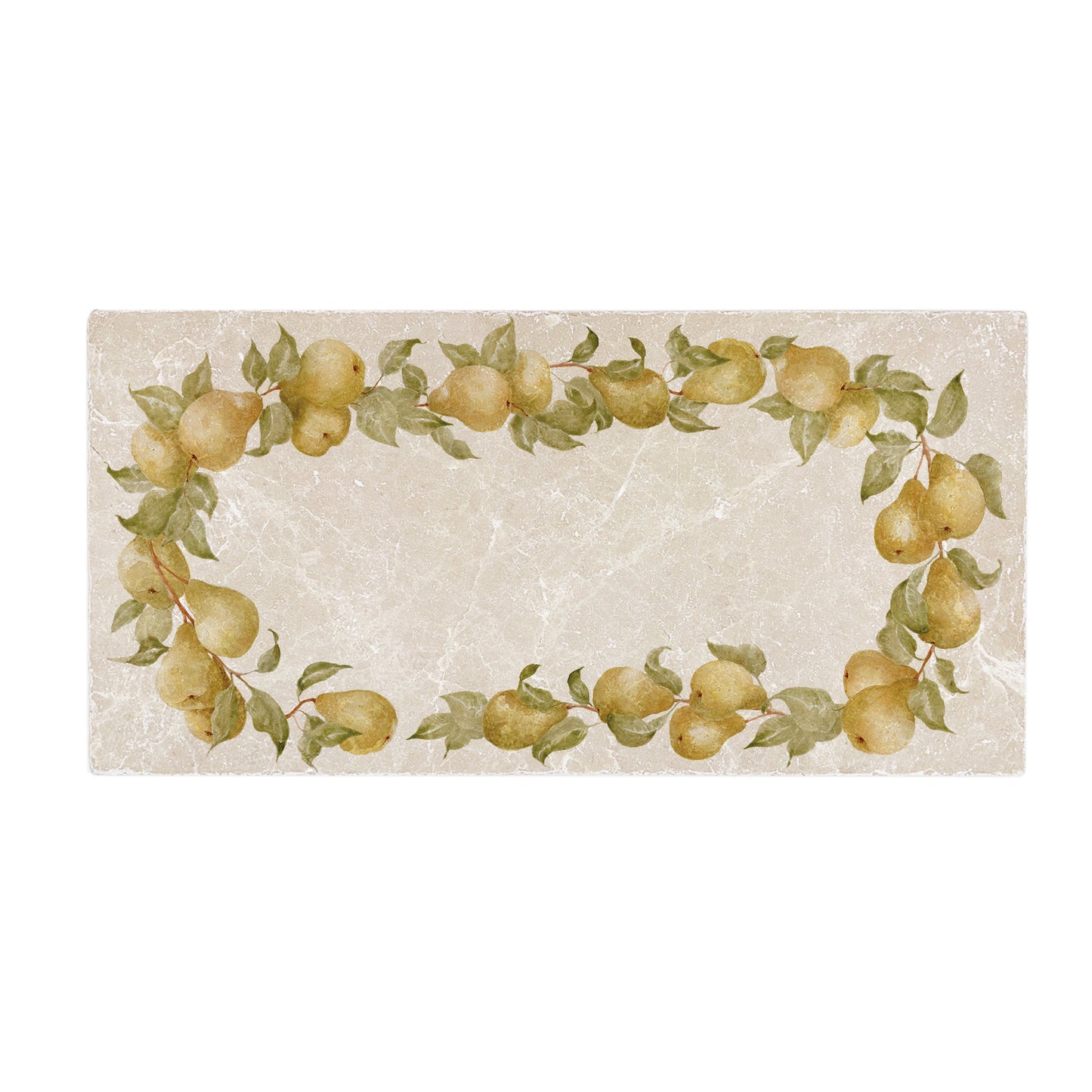 A 20x40cm cream marble tile with a watercolour design featuring a wreath of pears and leaves.