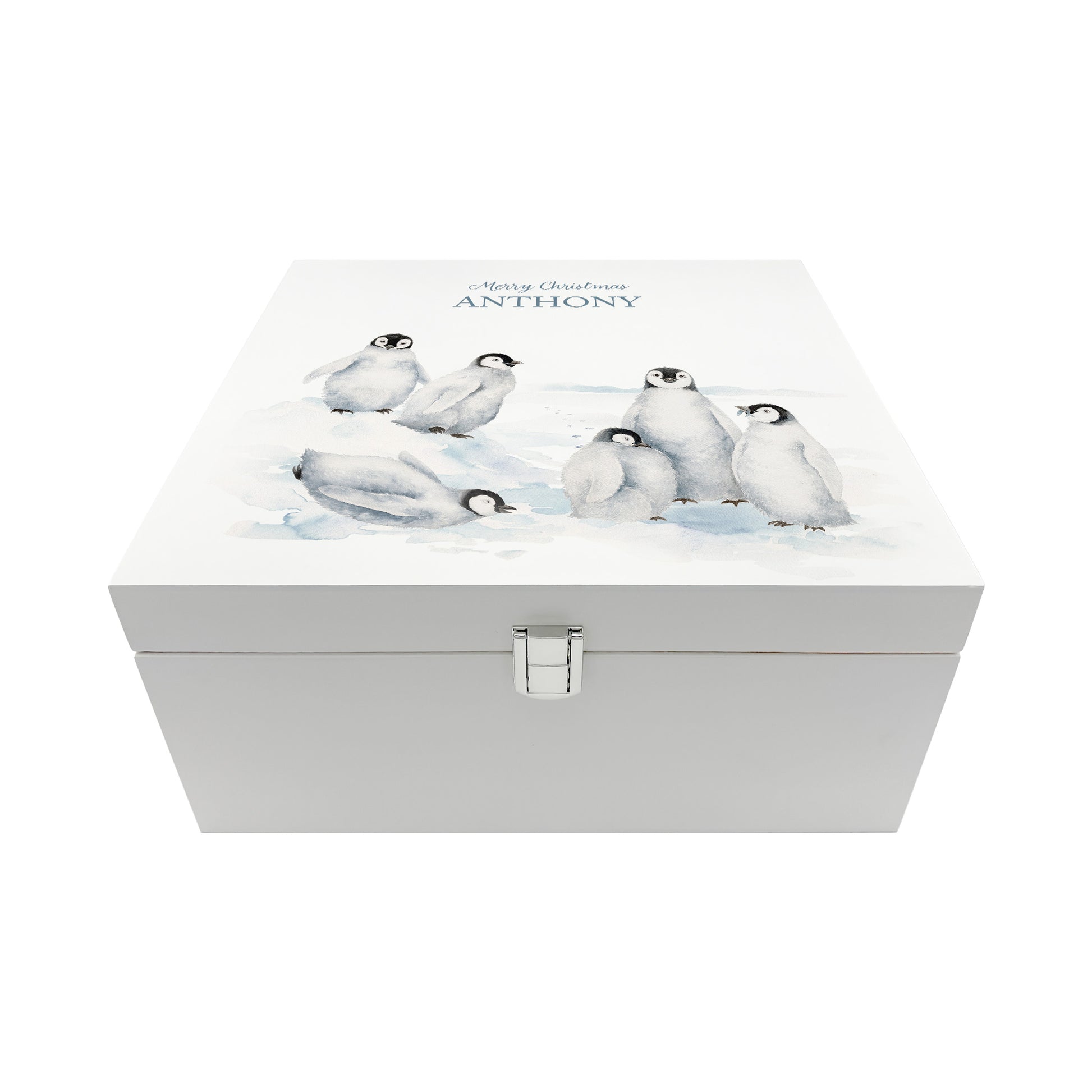 White Wooden Christmas Eve box, perfect for Christmas sweets and treats. A great Keepsake box with penguins and Santa's hats ready to enjoy the Christmas festivities.