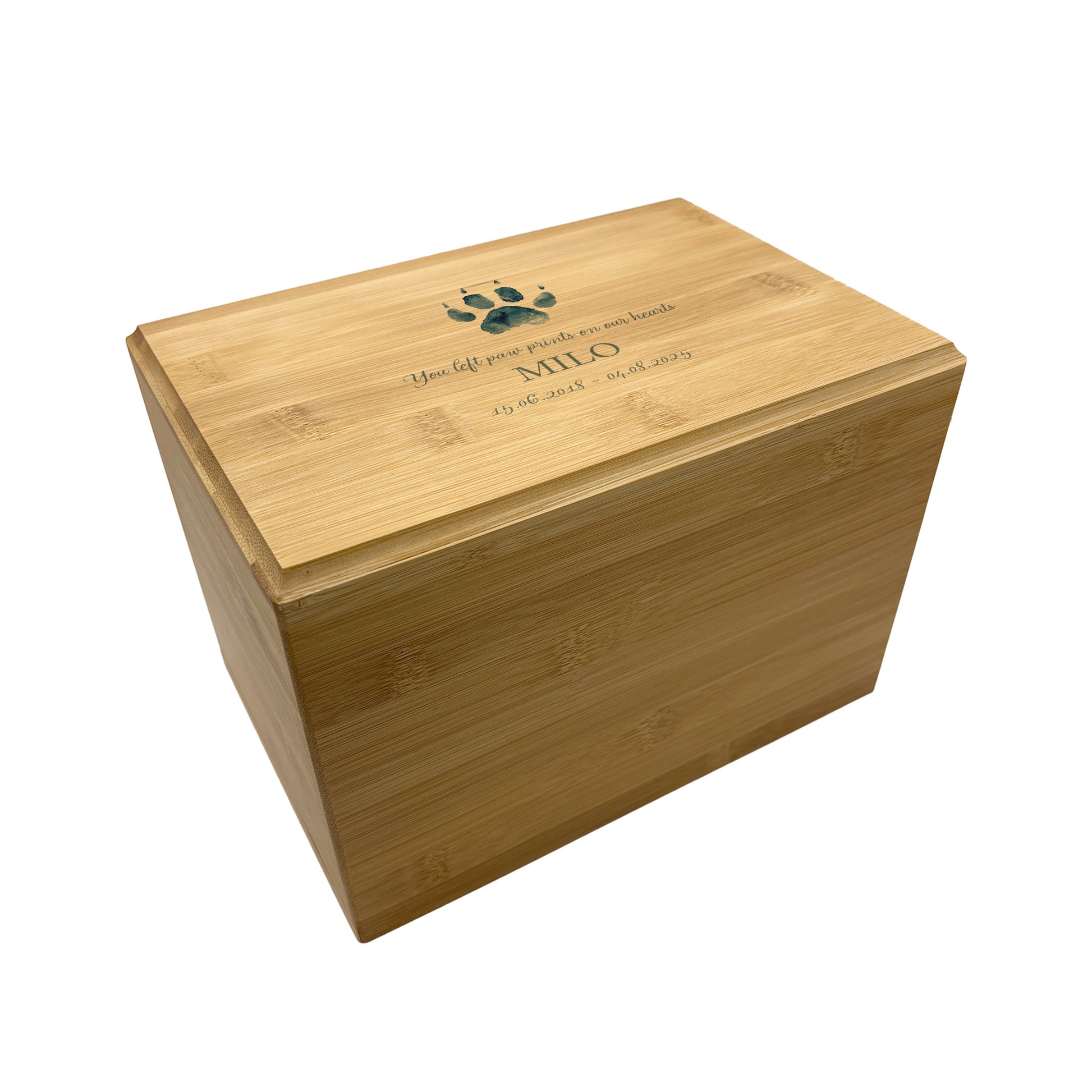 A beautifully crafted solid Bamboo wooden urn, personalised and finished with a soft watercolour design to commemorate your beloved pet that has passed away. Decorative urn that can be personalised to keep your pets ashes in.