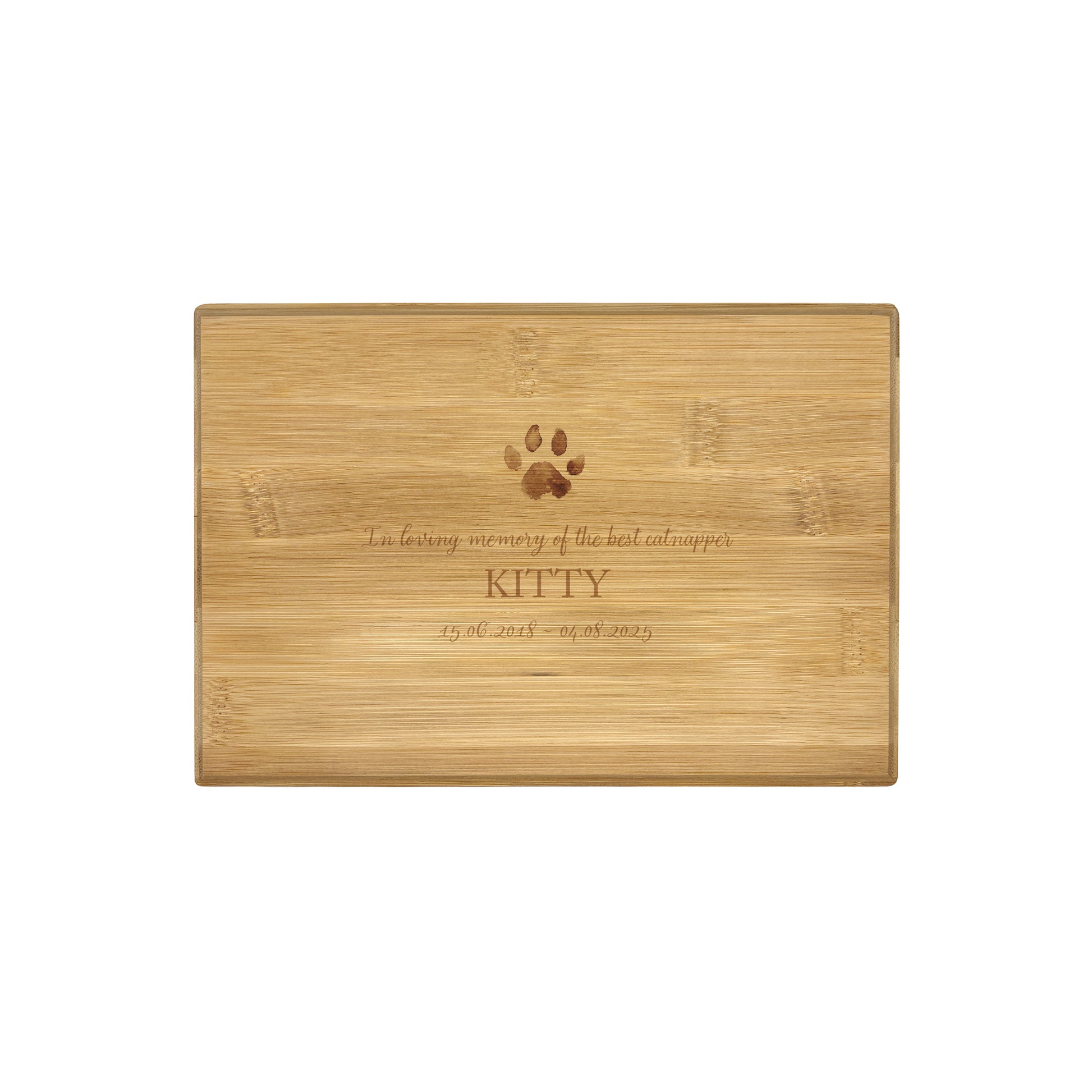A beautifully crafted solid Bamboo wooden urn, personalised and finished with a soft watercolour design to commemorate your beloved pet that has passed away. Decorative urn that can be personalised to keep your pets ashes in.