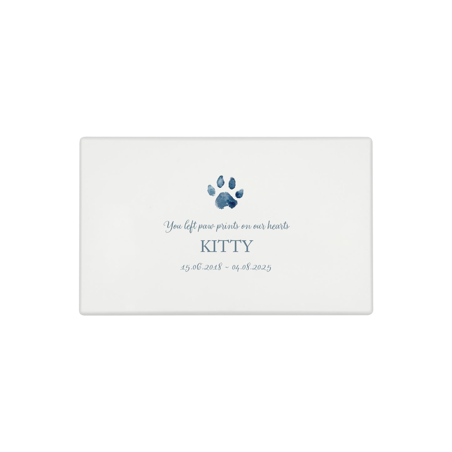 A beautifully crafted solid wooden urn, finished in white with a soft watercolour design of your cat or dogs paw print, Thoughtfully made for either display or burial, this personalised urn can be customised to create a meaningful memorial. Perfect for holding ashes of a beloved pet, it serves as a comforting tribute and keepsake.