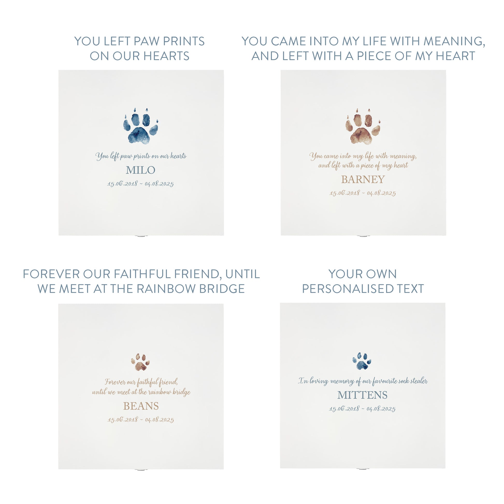 White Square personalised Wooden box with a decorative lid featuring illustrations of your pets paw prints, Perfect memory keepsake box, for storing ashes, pets ball and toys, pictures, lead and collar. capturing your beloved cat or dogs things in one place