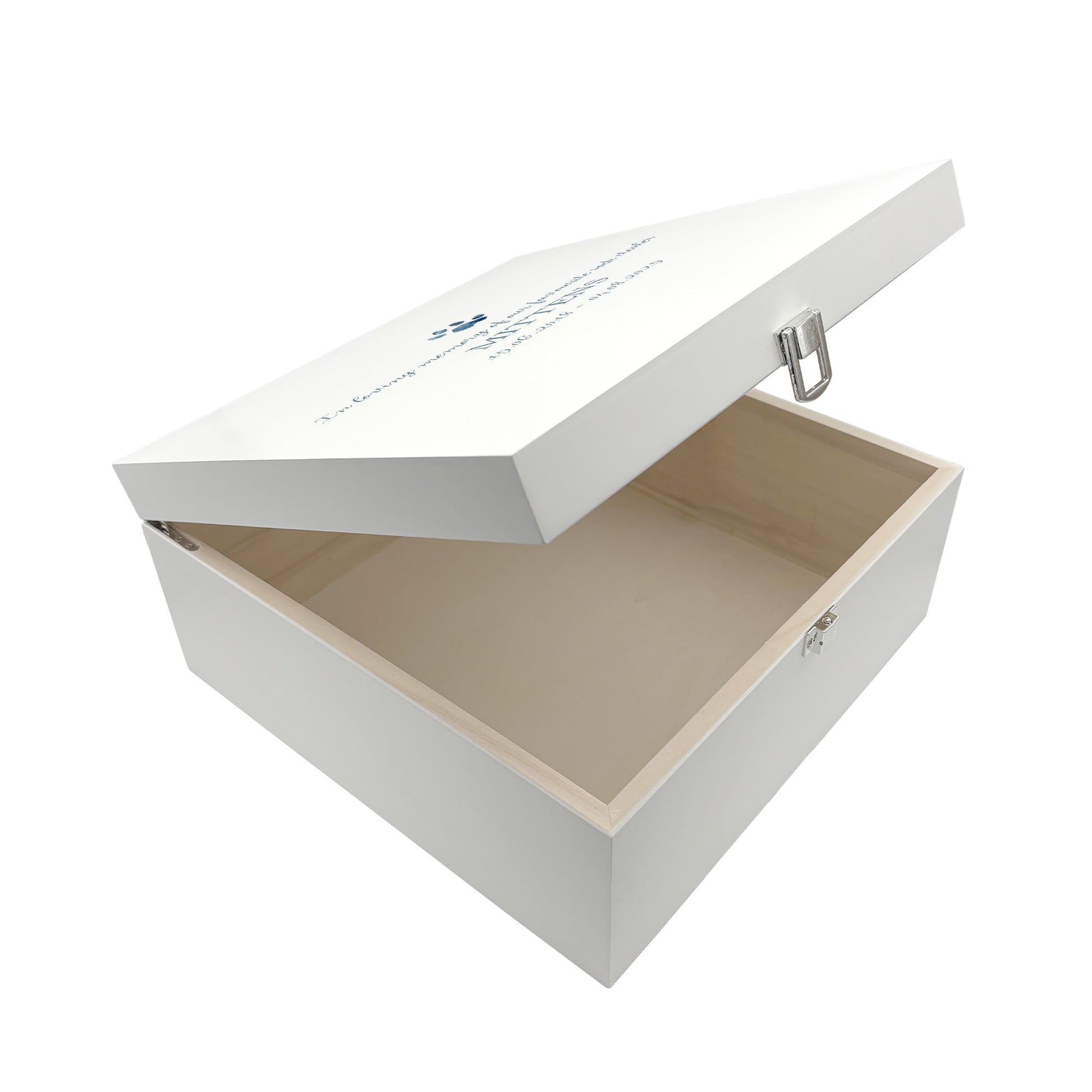 White Square personalised Wooden box with a decorative lid featuring illustrations of your pets paw prints, Perfect memory keepsake box, for storing ashes, pets ball and toys, pictures, lead and collar. capturing your beloved cat or dogs things in one place