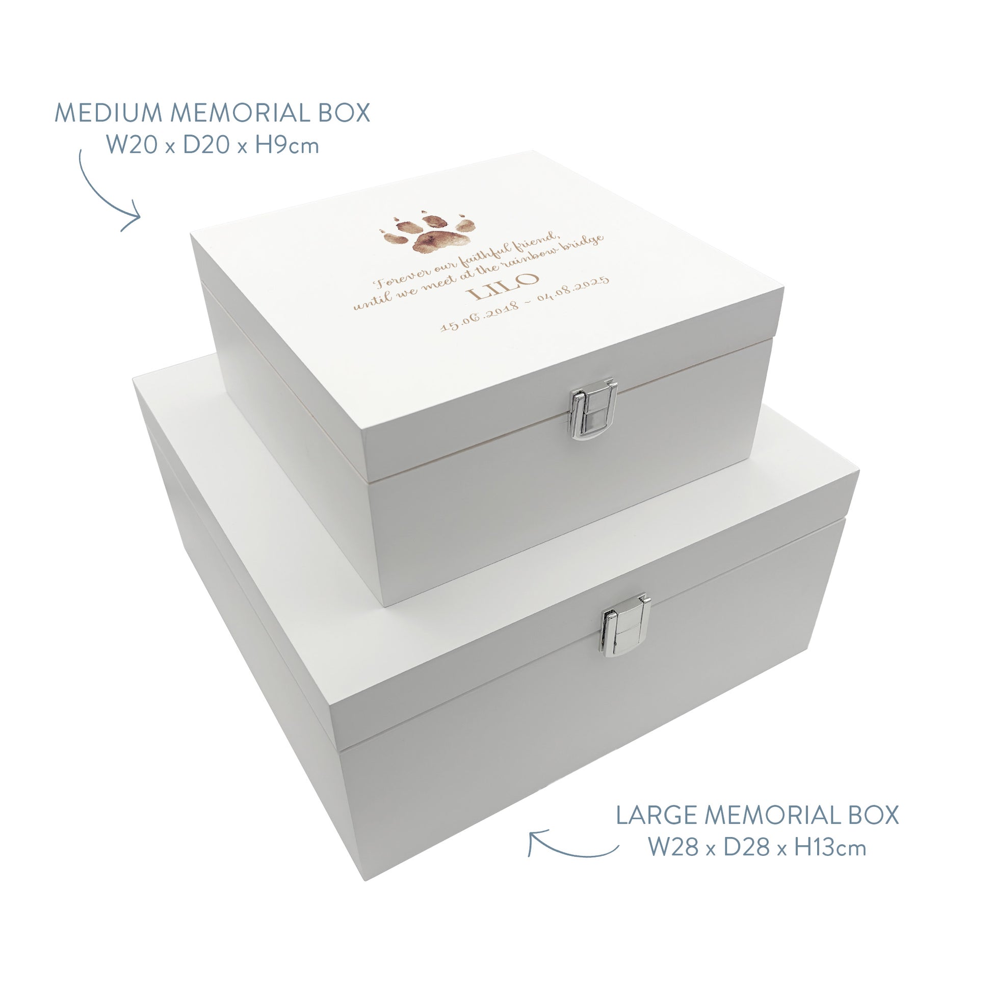 White Square personalised Wooden box with a decorative lid featuring illustrations of your pets paw prints, Perfect memory keepsake box, for storing ashes, pets ball and toys, pictures, lead and collar. capturing your beloved cat or dogs things in one place