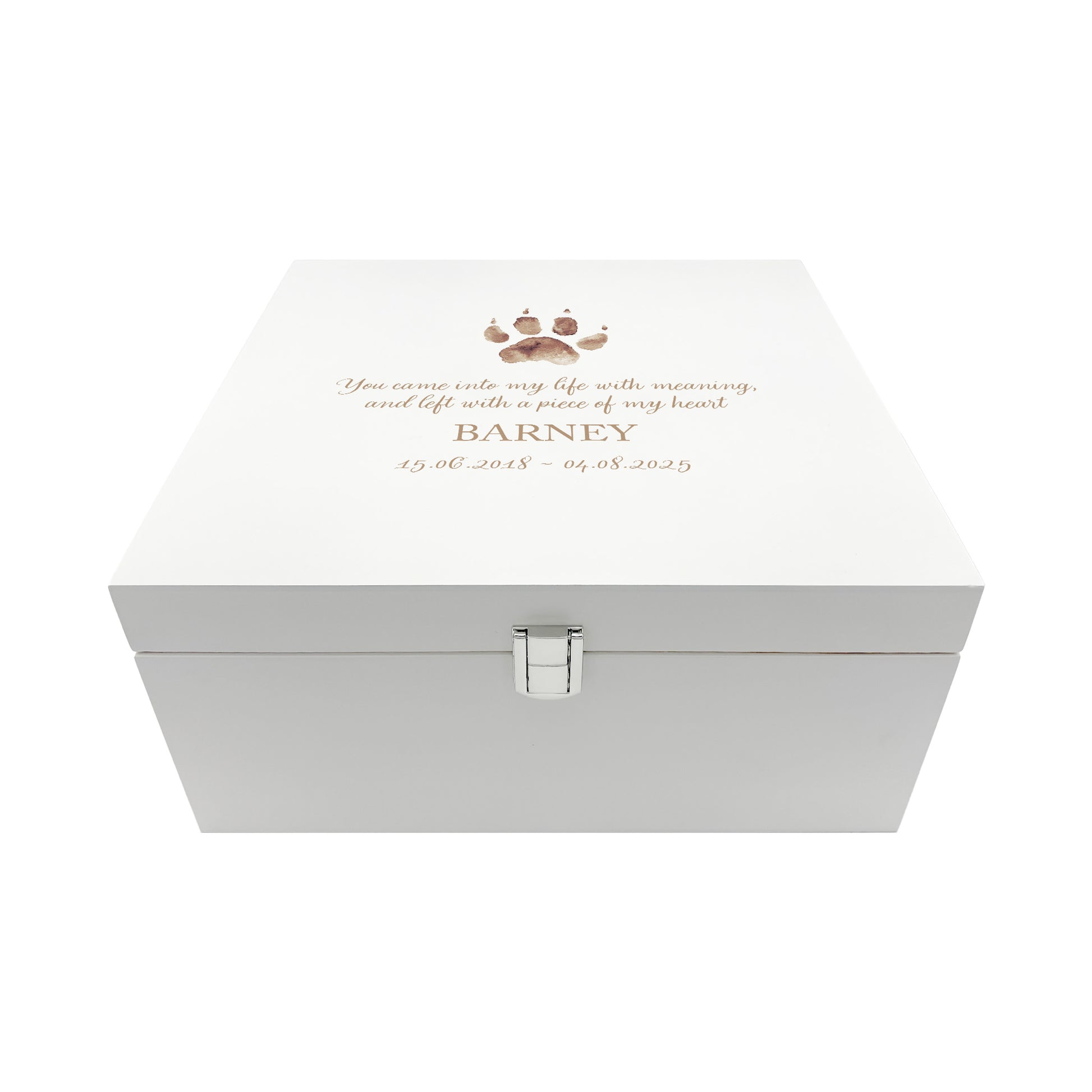White Square personalised Wooden box with a decorative lid featuring illustrations of your pets paw prints, Perfect memory keepsake box, for storing ashes, pets ball and toys, pictures, lead and collar. capturing your beloved cat or dogs things in one place