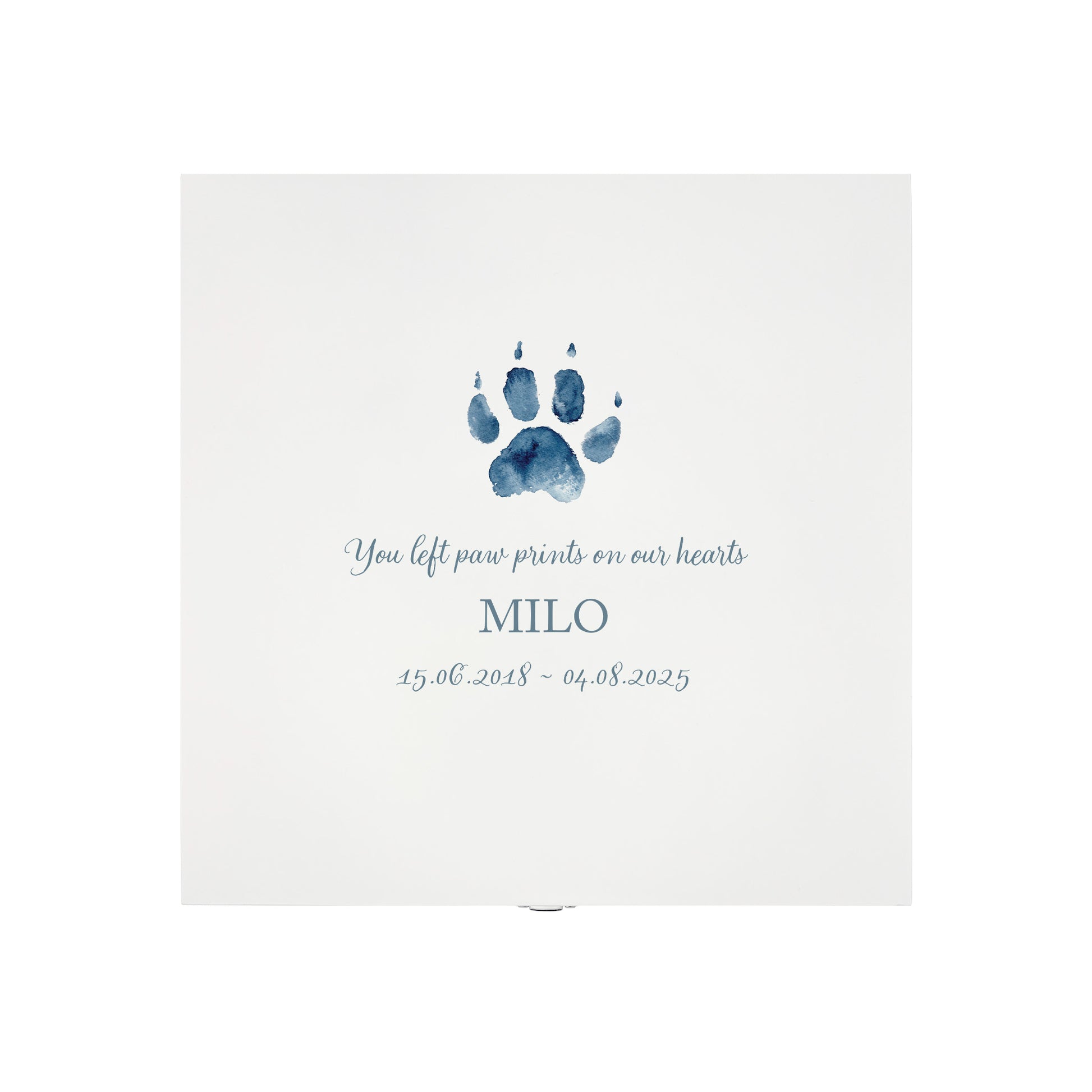 White Square personalised Wooden box with a decorative lid featuring illustrations of your pets paw prints, Perfect memory keepsake box, for storing ashes, pets ball and toys, pictures, lead and collar. capturing your beloved cat or dogs things in one place