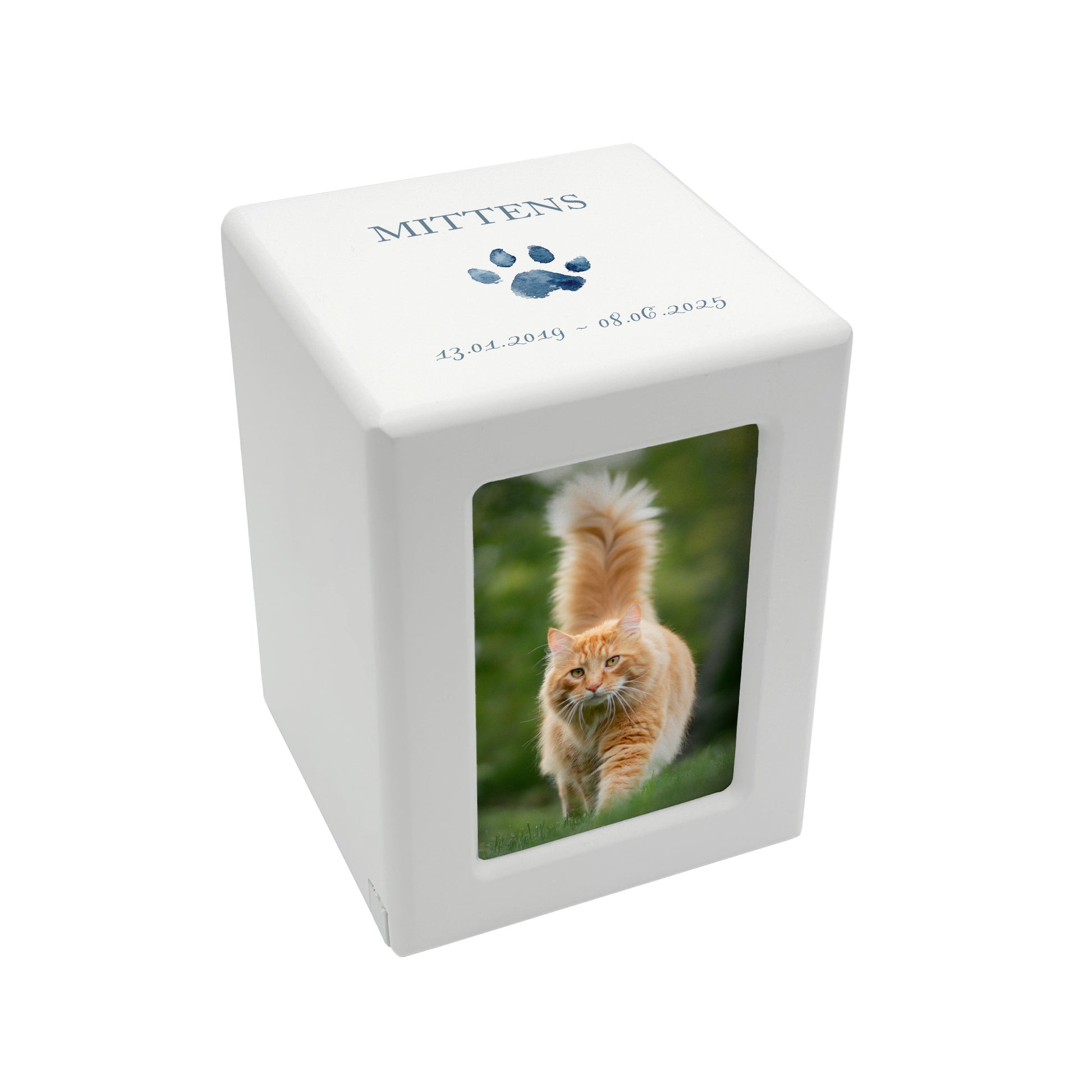A beautifully crafted solid wooden pet photo urn for ashes, finished in white with a soft watercolour design of your cat or dogs paw print, Thoughtfully made for either display or burial, this personalised urn can be customised to create a meaningful memorial. Perfect for holding ashes of a beloved pet, it serves as a comforting tribute and keepsake.
