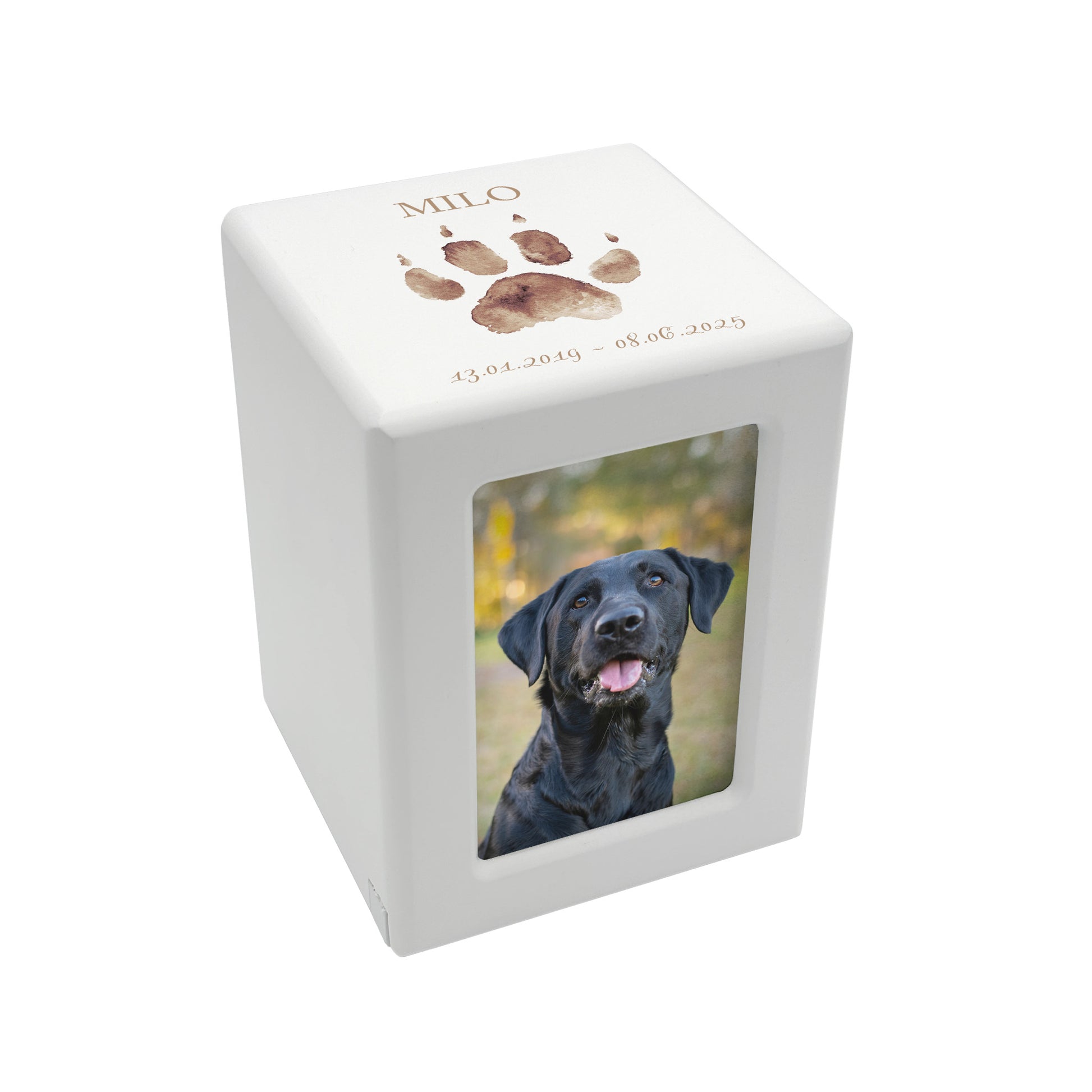 A beautifully crafted solid wooden pet photo urn for ashes, finished in white with a soft watercolour design of your cat or dogs paw print, Thoughtfully made for either display or burial, this personalised urn can be customised to create a meaningful memorial. Perfect for holding ashes of a beloved pet, it serves as a comforting tribute and keepsake.
