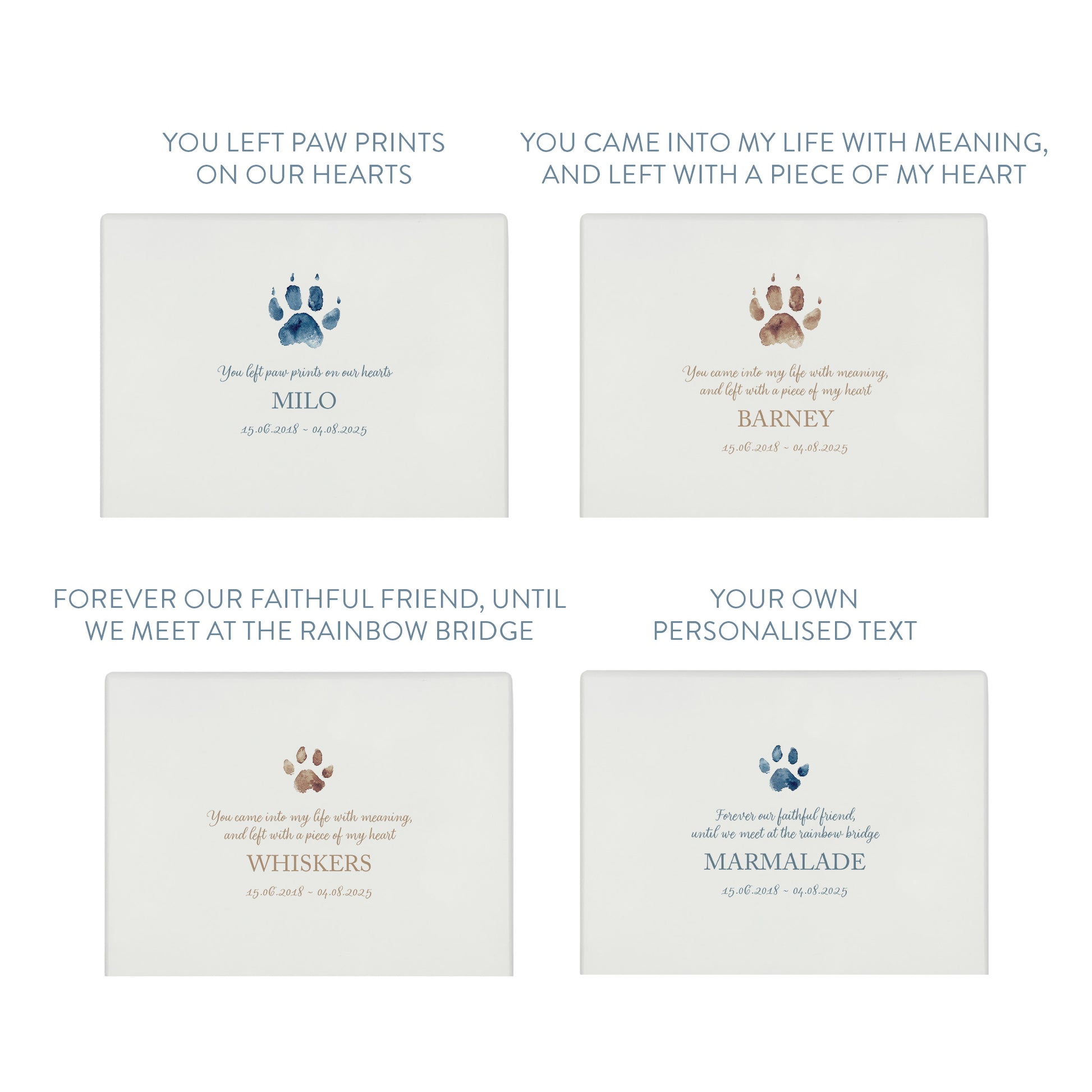 A beautifully crafted solid wooden urn, finished in white with a soft watercolour design of your cat or dogs paw print, Thoughtfully made for either display or burial, this personalised urn can be customised to create a meaningful memorial. Perfect for holding ashes of a beloved pet, it serves as a comforting tribute and keepsake.