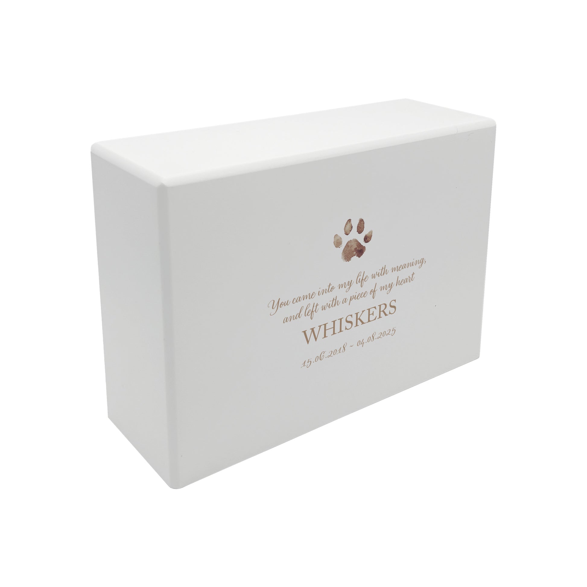 A beautifully crafted solid wooden urn, finished in white with a soft watercolour design of your cat or dogs paw print, Thoughtfully made for either display or burial, this personalised urn can be customised to create a meaningful memorial. Perfect for holding ashes of a beloved pet, it serves as a comforting tribute and keepsake.