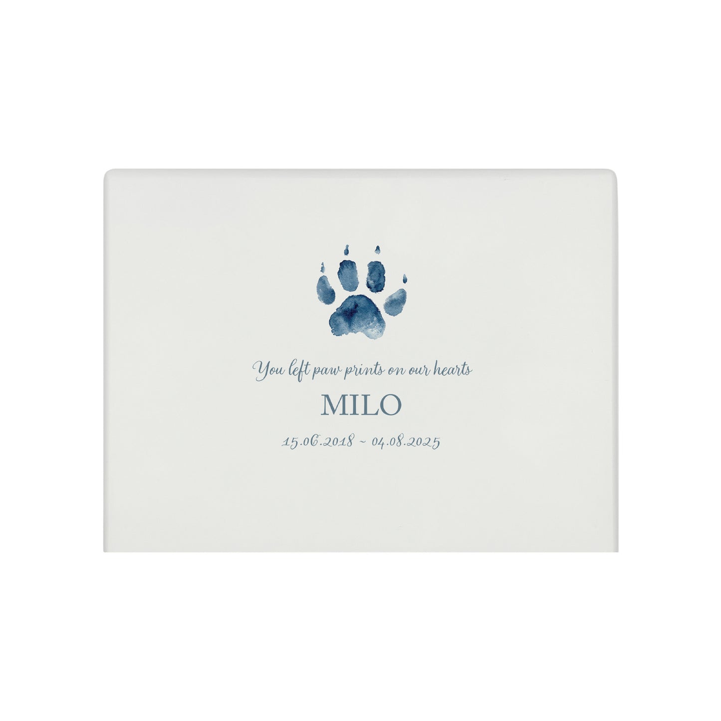 A beautifully crafted solid wooden urn, finished in white with a soft watercolour design of your cat or dogs paw print, Thoughtfully made for either display or burial, this personalised urn can be customised to create a meaningful memorial. Perfect for holding ashes of a beloved pet, it serves as a comforting tribute and keepsake.