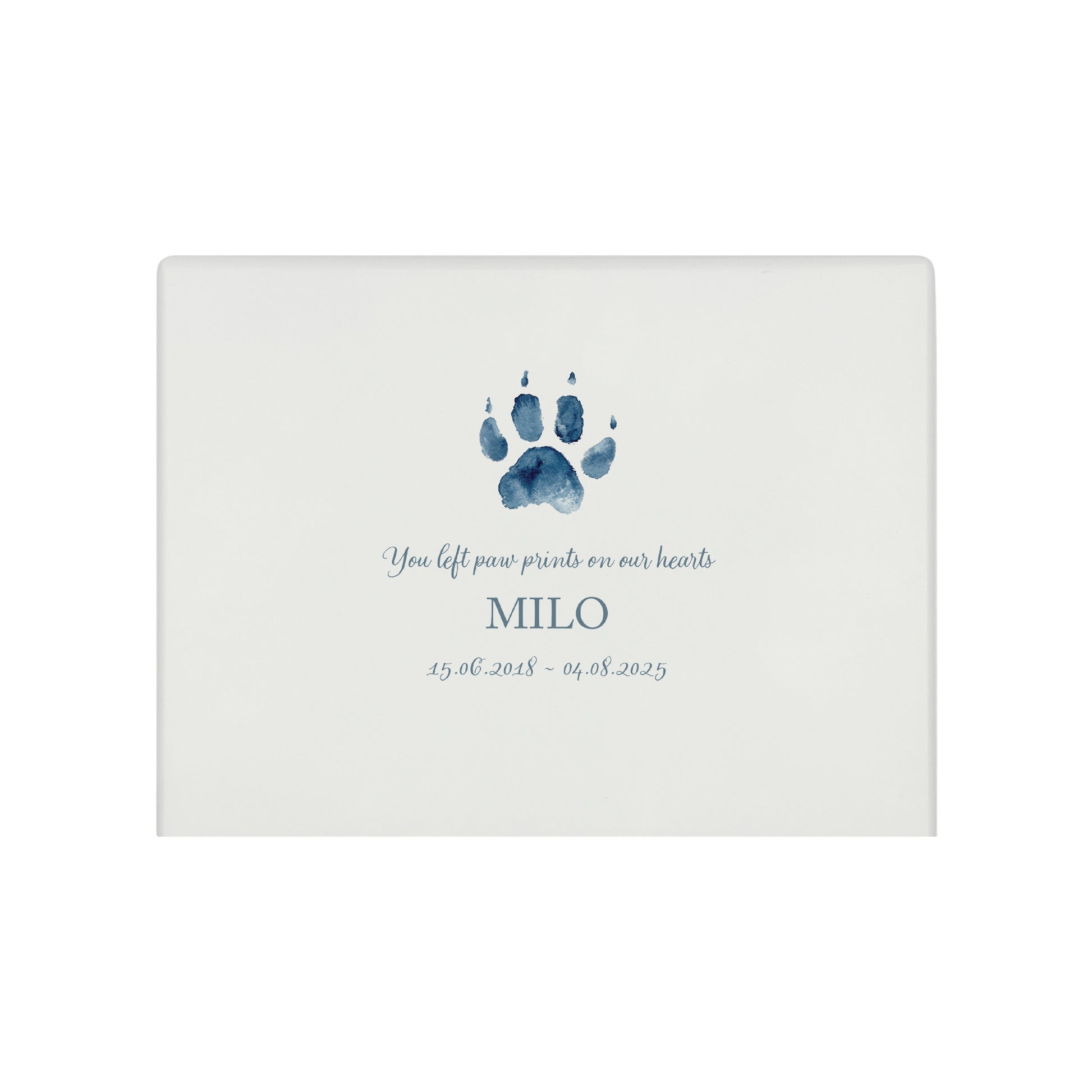 A beautifully crafted solid wooden urn, finished in white with a soft watercolour design of your cat or dogs paw print, Thoughtfully made for either display or burial, this personalised urn can be customised to create a meaningful memorial. Perfect for holding ashes of a beloved pet, it serves as a comforting tribute and keepsake.
