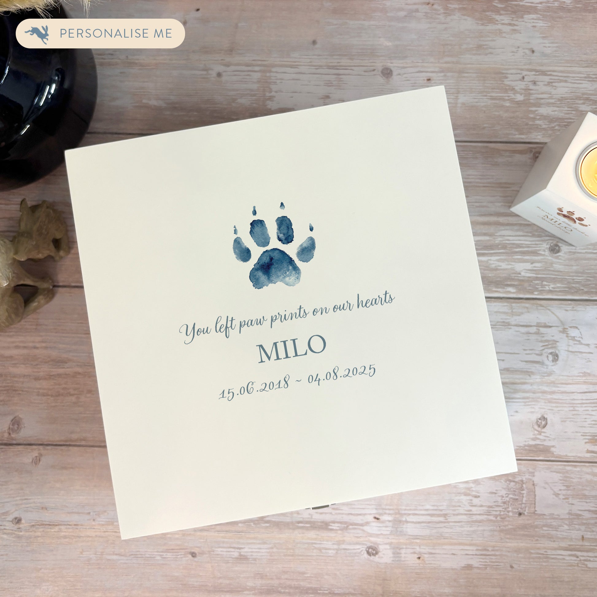 White Square personalised Wooden box with a decorative lid featuring illustrations of your pets paw prints, Perfect memory keepsake box, for storing ashes, pets ball and toys, pictures, lead and collar. capturing your beloved cat or dogs things in one place