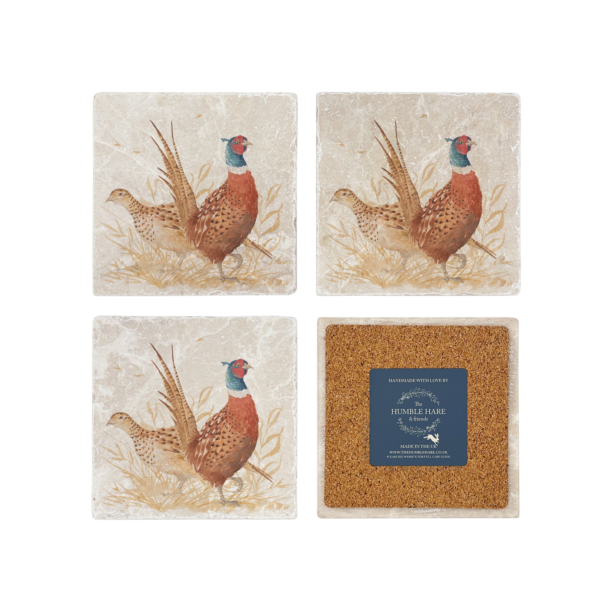A set of 4 square marble coasters, featuring a watercolour design of a pair of pheasants. One coaster is flipped to show that the coasters are backed with cork.