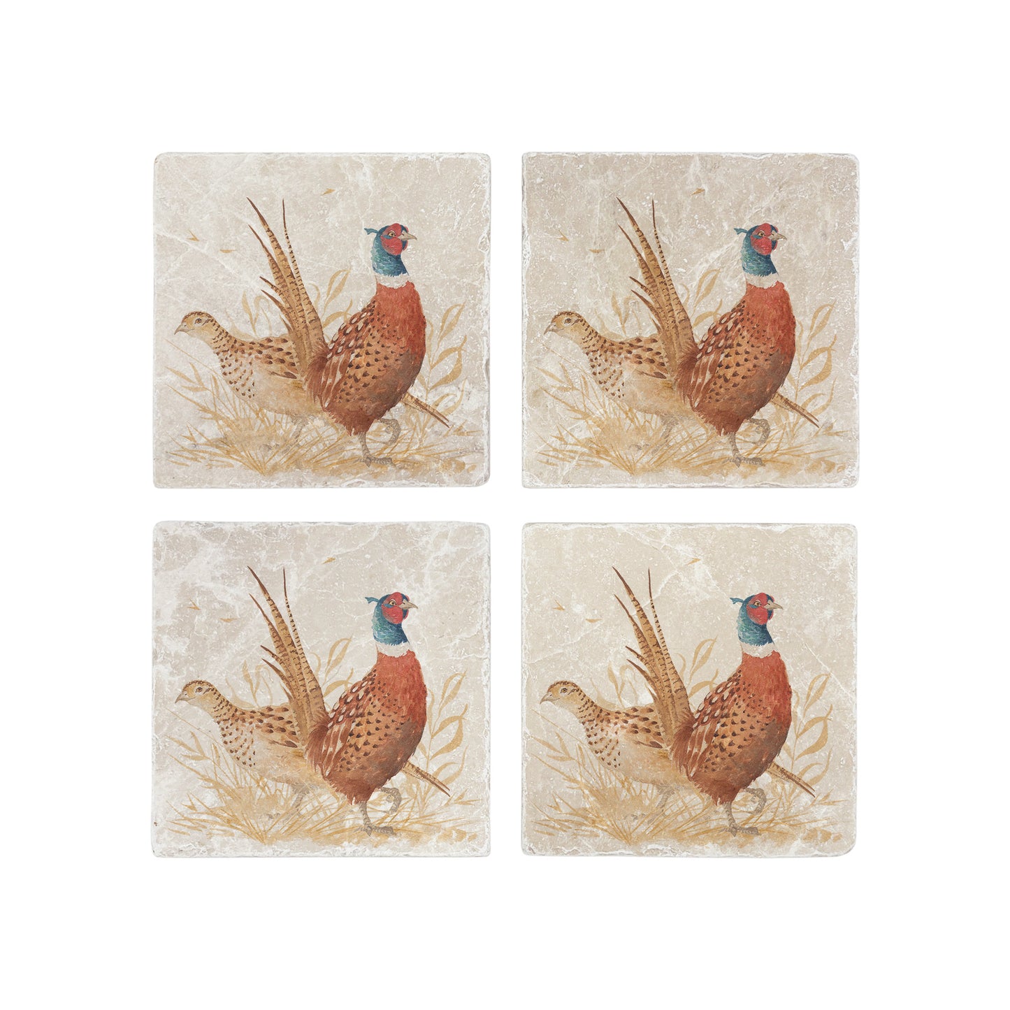 A set of 4 square marble coasters, featuring a watercolour design of a pair of pheasants, one male and one female, in golden grass.