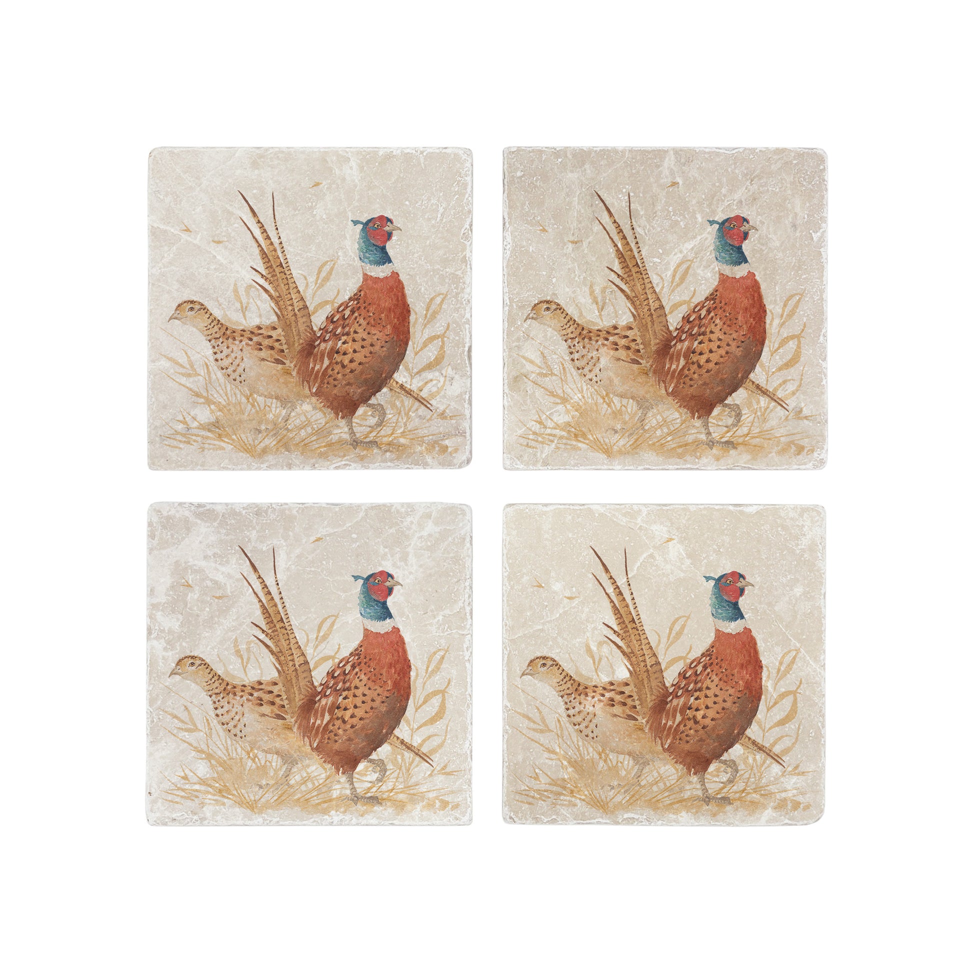 A set of 4 square marble coasters, featuring a watercolour design of a pair of pheasants, one male and one female, in golden grass.