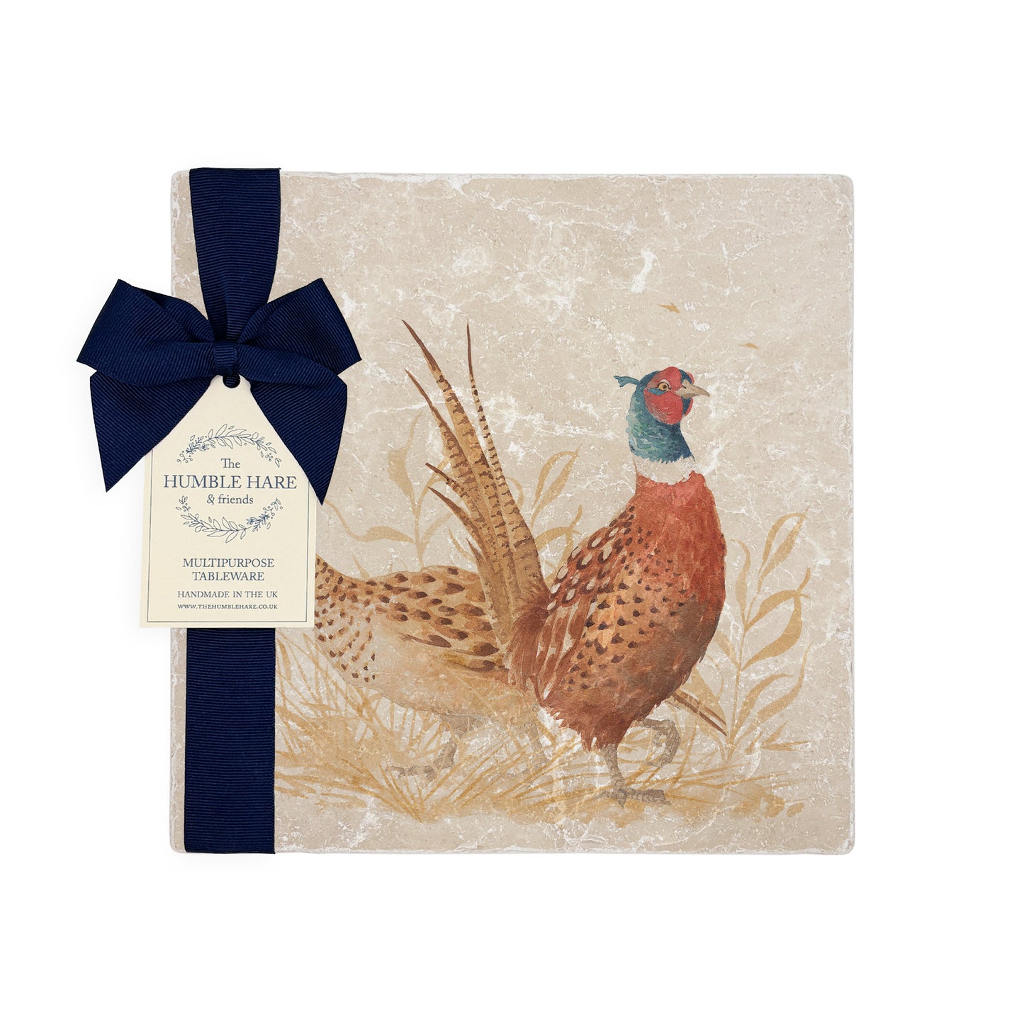 A medium multipurpose marble platter with a pheasant design, packaged with a luxurious dark blue bow and branded gift tag.