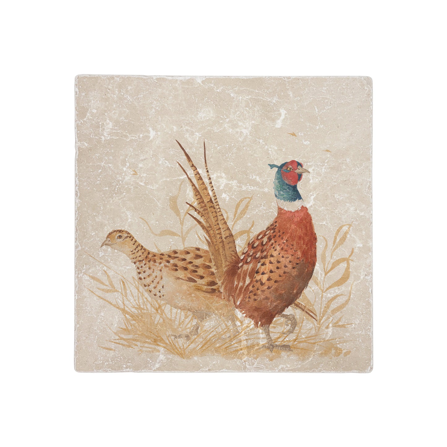 A handmade cream marble splashback tile featuring a watercolour countryside animal design of pheasants.